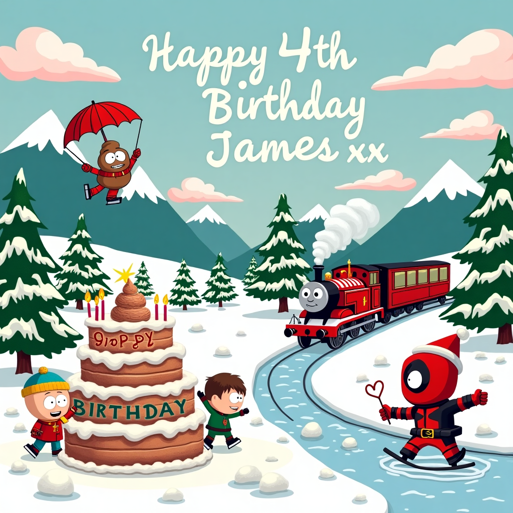 South park characters, snow, poop emoji, deadpool, thomas the tank and snow Birthday Card