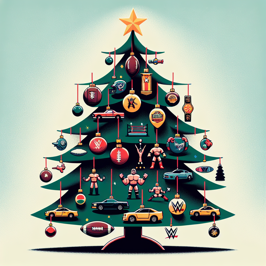 Vector image of a Christmas tree decorated with football, car, and WWE-themed ornaments. The star at the top is replaced by a miniature wrestling ring or championship belt.
Generated with these interests: Cars, Football, and Wwe.
Made with ❤️ by AI.