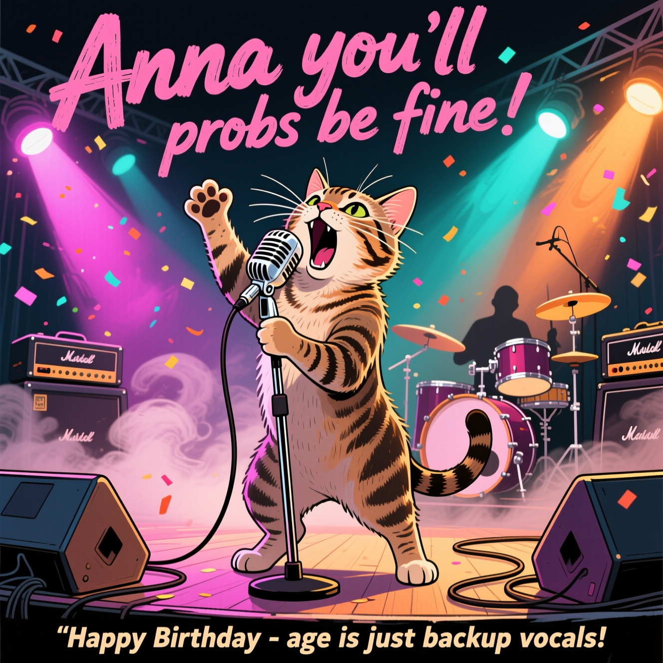 At the top of the Illustration Style image, "Anna you'll probs be fine"

At the bottom of the image, "Happy Birthday - age is just backup vocals!"

- Hand-drawn illustration with fine linework and textured brush strokes, warm, expressive color palette.
- Center stage: a realistic tabby cat belting into a retro chrome microphone on a stand, mouth wide open mid-yowl, one paw raised like a rock icon, whiskers vibrating, detailed tabby stripes and glossy eyes.
- Dramatic colored stage lights (magenta, teal, amber) blasting through swirling smoke/haze, light beams and dust motes for an energetic concert vibe.
- Low, slightly tilted perspective for drama; the cat dominates the frame; balanced composition with negative space behind for text readability.
- Rock stage details: wedge monitors at the cat’s feet, amp stacks and a drum kit silhouette in the background, coiled mic cable snaking across the floor.
- Subtle motion lines around the cat’s head and paw; confetti flecks catching the light; soft vignette to focus attention.
- Typography: top headline huge, bold, hand-lettered rock-poster style with a subtle stage-light glow and light shadow; bottom punch line compact and high-contrast on a slim banner across the front monitors; both integrated into the scene without covering the cat’s face.
- Overall mood: funny, high-energy, concert-night excitement with painterly textures and crisp linework.
Generated with these themes: A realistic tabby cat on a rock-concert stage, standing in front of a microphone, mouth wide open as if shouting or singing. Dramatic colored stage lights, smoke effects, energetic atmosphere, high-detail photography.”, and .
Made with ❤️ by AI.