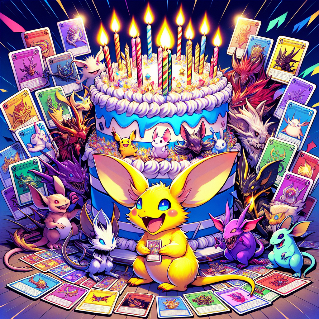 A vivid birthday illustration showcases a jovial congregation of various unpredictable creatures, drawn with an anime style, collected around a grand, celebratory pastry decorated with radiant wicks. Dominating the foreground, a small electric yellow rodent-like animal possesses a shining collection of celebratory postcards, each showcasing a unique and iconic creature. Strewed around the cake are components of renowned strategy plays like vibrant symbols and digits, infusing a card gaming essence into the birthday motif.
Generated with these themes: Pokémon , and Card games.
Made with ❤️ by AI.