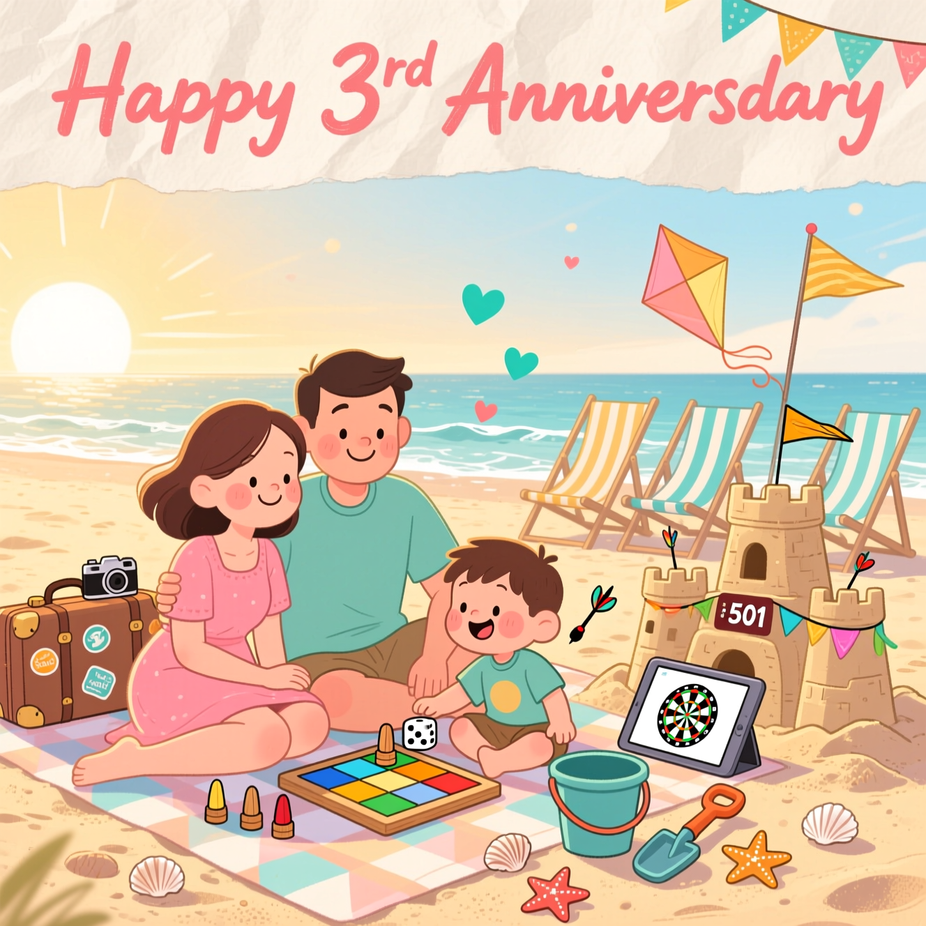 Beach, Mummy daddy toby, Watching darts , Playing board games, Holidays, and Anniversary Card