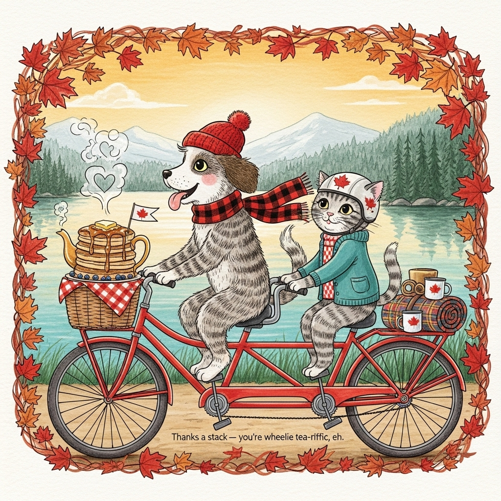 Cats, Dogs , Cycling , Tea, Pancakes , Canada , and Thank-you Card