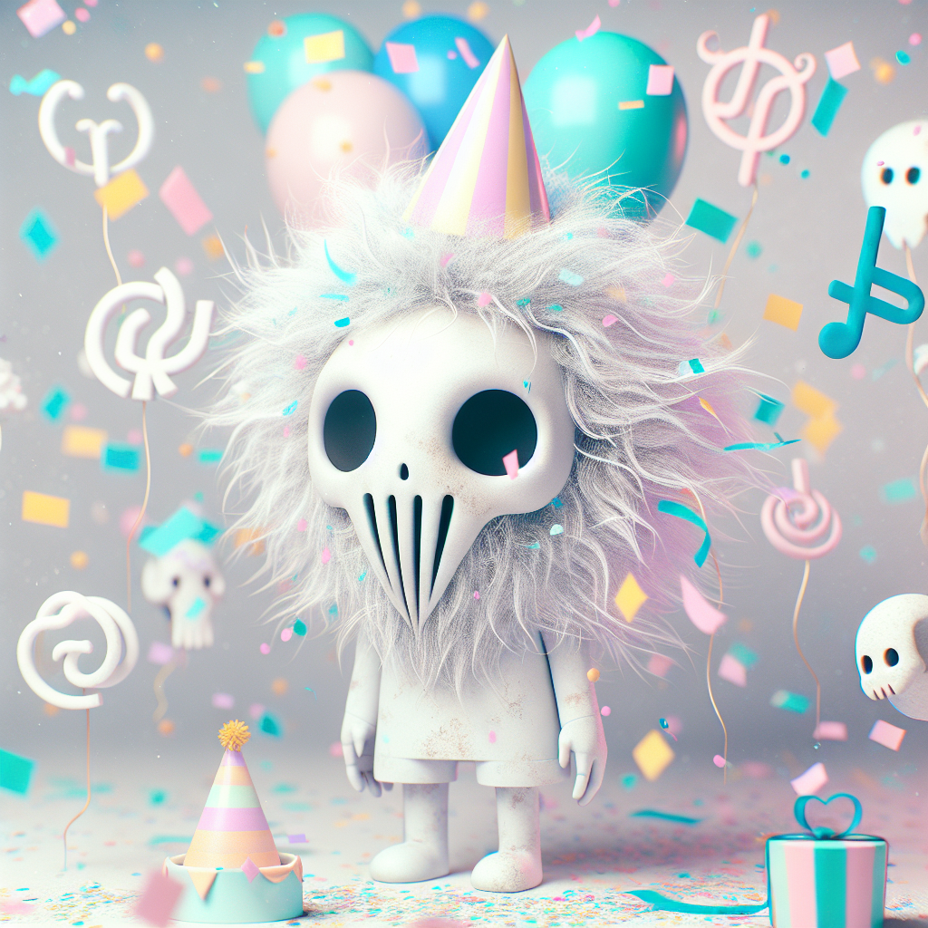 Create a whimsical birthday scene in pastel tones featuring a playful, non-human mascot with skeletal features, white full-head covering, and a wild mane of hair, rendered in textures reminiscent of watercolors amidst a shower of floating, abstract symbols that double as party confetti. The aesthetics of the mascot belonging to a music genre known for its harsh and energetic tones blend harmoniously with the soft party atmosphere, demonstrating an unusual, yet cohesively exciting celebration theme.
Generated with these themes: Iron maiden, and Cryptography .
Made with ❤️ by AI.