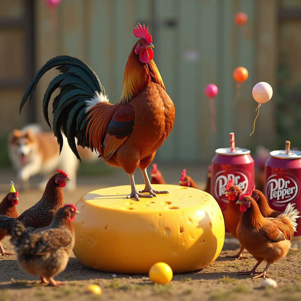 Rooster, chickens, cats, cheese, collies, Dr. Pepper, and Birthday Card