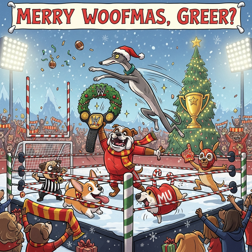 At the top of the Cartoon Style image, big candy-cane banner text: “Merry Woofmas, Greer!”

Playful, funny cartoon scene with exaggerated proportions, thick black outlines, and bright saturated colors. On a snowy football pitch that morphs into a WWE wrestling ring: candy-cane ropes, present-wrapped turnbuckles, and a tree-topped corner post. Center ring: a grinning bulldog in a Manchester United–style red home kit and red-and-gold scarf hoists a WWE-style championship belt shaped like a Christmas wreath, tail wagging. A lanky greyhound in a Santa hat springs off the top rope in an over-the-top flying elbow, with swooshy motion lines and sparkles. A corgi with an oversized MU-inspired scarf “clotheslines” a giant candy cane in a goofy tumble, tongue out. A pug referee in a striped shirt and tiny bell-whistle blows dramatically, eyes wide. A golden lab in a paw-print lucha mask bounces off the ropes, pumping a paw-shaped foam finger. Background: jubilant stands packed with cheering dog fans waving red-and-gold Manchester United scarves, goalposts wrapped in twinkly lights, a giant tree shaped like a trophy with a football star on top, baubles like mini footballs, gentle snowfall and festive confetti. Vivid reds, greens, golds, and icy sky-blue; bold cel-shading, glossy highlights, energetic poses, and whimsical expressions. Wide-angle, slightly low viewpoint for epic, comedic impact. No additional on-image text besides the top banner.
Generated with these themes: Dogs, Manchester United Football Club, WWE, and .
Made with ❤️ by AI.
