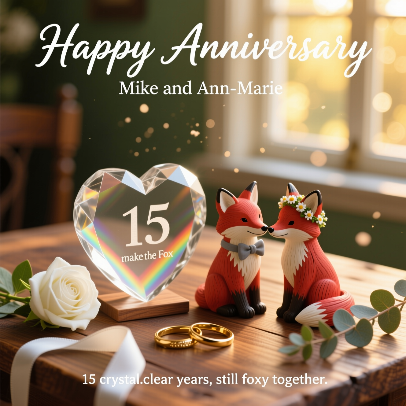 Crystal with 15 inside , Mr and Mrs Fox, and Anniversary Card