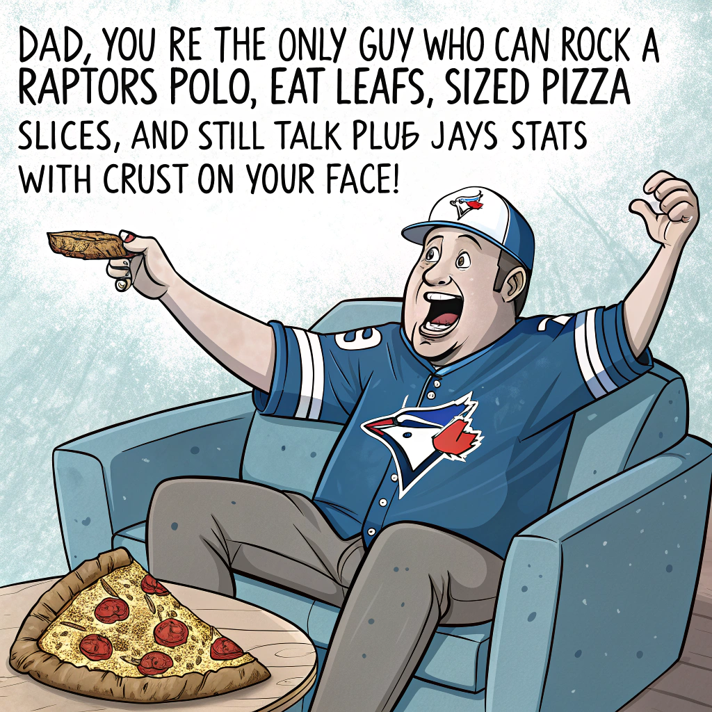 At the top of the image, "Dad, you’re the only guy who can rock a Raptors polo, eat Leafs-sized pizza slices, and still talk Blue Jays stats with crust on your face!"

- In the center of the image, illustrate a funny cartoon-style scene:  
Dad is sitting triumphantly on a couch shaped like a giant pizza slice. He's wearing a comically snug Toronto Raptors polo shirt stretched over his belly, a Toronto Maple Leafs foam finger on one hand, and a Toronto Blue Jays baseball cap on crooked.  
In one hand, he’s balancing an absurdly tall stack of greasy, cheesy pizza slices—some sliding off—while with the other, he's waving a remote like it’s a coaching baton.  

- Around him, pepperoni slices fly through the air like confetti, and his dog (also wearing a tiny Blue Jays cap) tries to steal a slice.

- In the background, there's a giant birthday banner made of pizza crust, and birthday balloons decorated with mini sports team logos.

- The overall tone is goofy, fun, and very sports-fan-dad chaos energy.
Generated with these themes: Pizza, Polo Shirts, Toronto Raptors, Toronto Maple Leafs, and Toronto Blue Jays.
Made with ❤️ by AI.