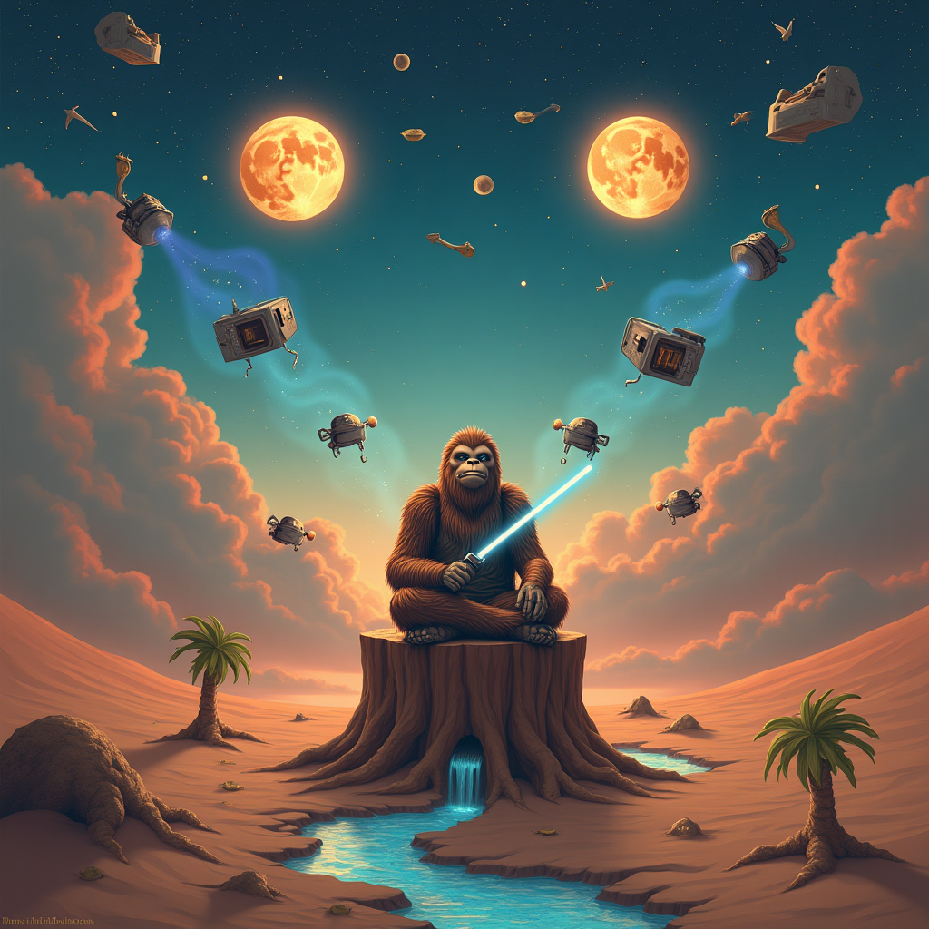 At the top of the Surreal Style image, Happy Birthday Isaac!!! 🥳🎂

Dali‑inspired, dreamlike surrealism with melting shapes and ethereal lighting: a tranquil, Tatooine‑like twilight desert where twin suns slowly soften and drip into a river of stardust shaped like coiled controller cables. Center stage, a gentle, sincere Bigfoot with kind eyes and a soft smile sits cross‑legged on a levitating arcade cabinet that morphs into a tree stump—joysticks sprouting tiny leaves. He wears a simple Jedi‑style robe. In his hands, a calming lightsaber whose hilt melts into a retro gamepad; the blade unfurls as luminous ribbons drawing constellation‑smiles and whimsical spirals in the air. Around him float friendly, comedian droids—R2‑like tins fused with 8‑bit screens—pantomiming jokes without words: juggling holographic game coins, projecting banana‑peel comets, and popping whoopee‑cushion nebulae, sending out soft, concentric rings of light like laughter. Above, origami‑paper X‑wings glide through cotton‑candy clouds; a distant, gently smiling moon resembles a melting game disc. Pixelated constellations and CRT‑scanline auroras thread the sky, while dunes subtly warp into controller‑button topography. The whole scene glows with warm rose‑gold, indigo, and teal; long, tender shadows, painterly textures, soft bokeh stars—a heartfelt, serene mood.

Small, hand‑lettered caption near the bottom center: “May the laughs be with you — press START.”
Generated with these themes: Star Wars, Bigfoot, video gaming, telling jokes, and .
Made with ❤️ by AI.