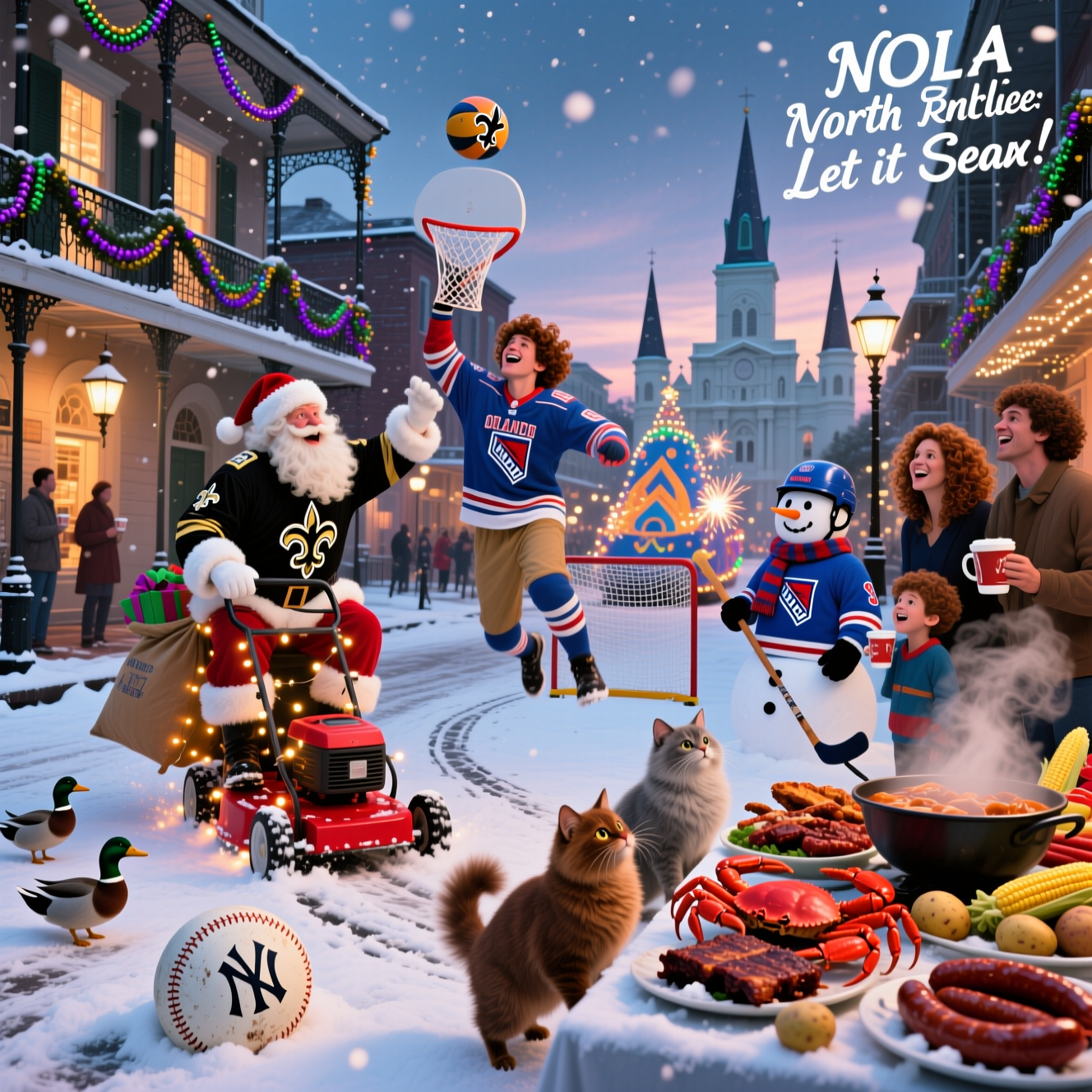 Ultra–high-definition 4K photorealistic holiday photo: A light-snowy New Orleans French Quarter at twilight, wrought-iron balconies draped with garlands and Mardi Gras beads, warm window glow and streetlamps, St. Louis Cathedral in the distance. Center-left, Santa wears a black-and-gold New Orleans Saints football jersey and joyfully rides a red lawn mower wrapped in twinkle lights, carving funny tracks in the slushy street; a sack of gifts bounces behind him. Mid-right, a NY Rangers hockey snowman—blue jersey, scarf, helmet, hockey stick—guards a little street-hockey net. Foreground, a worn NY Yankees baseball sits half-buried in the snow, its logo peeking out. Right foreground, a festive table overflows with BBQ ribs, brisket, sausages, and a steaming seafood boil piled with bright red crabs, corn, and potatoes, vapor curling in the cold. Three fluffy Persian cats prowl near the table—one rich brown, one gray with brown patches, and another deep brown—eyeing the crabs while a couple of ducks waddle past. Left mid-ground, a young man with curly brown hair in a Santa hat and an Orlando Magic jersey leaps for a snowy jump shot at a street hoop; the ball hangs mid-air. Nearby, a family—dad, curly-haired mom, and their younger son—laugh with cups of hot cocoa, watching the chaos. In the background, a parade float shaped like Disney World’s Cinderella Castle glides by with gentle sparkler “fireworks,” adding whimsical glow. Accurate lighting, lifelike textures, crisp snow sparkle, steam detail, fabric weaves, and fur strands; rich depth of field. Shot on a full-frame camera, 24mm lens, f/8, 1/250s, ISO 200; balanced warm/cool color grade, cinematic dynamic range, natural lens bokeh and subtle film grain. Small on-image caption, hand-lettered white script with a tiny drop shadow, placed unobtrusively near a top corner: “NOLA North Pole: Let it Geaux!”
Generated with these themes: Santa, snowman, NY Yankees baseball, New Orleans background, New Orleans Saints football jersey on Santa Claus, brown and gray and brown Persian cat, Santa riding on lawn mower, Disney World, BBQ Food, seafood boil with crabs, ducks, NY Rangers Hockey Snowman, Young man curly brown hair with santa hat and Orland Magic jersey playing basketball , dad. mom with curly hair , son, , and .
Made with ❤️ by AI.