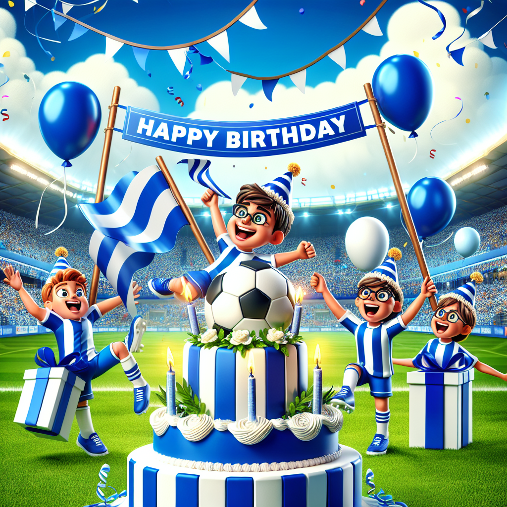 Create a vibrant birthday invitation featuring an animated scene set against the backdrop of a lively football match. The central figure is a joyful cartoon character wearing emblematic blue and white striped team colors, joyously waving a flag in celebration. Balloons in the same blue and white colors float above a decorative birthday cake adorned with a football-shaped topper. Surrounding them are other animated fans, jubilantly holding up birthday banners amidst the vibrant green football pitch, thus creating a festive and sporty ambience.
Generated with these themes: Queens Park Rangers, and Football.
Made with ❤️ by AI.