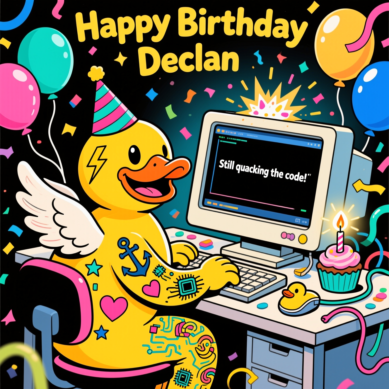 Rubber duck, tattoo, computer , and Birthday Card