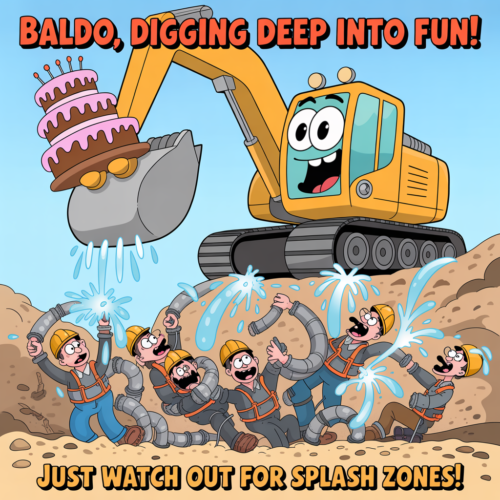 Excavator, sewer and water, laborer laying pipe, and Birthday Card