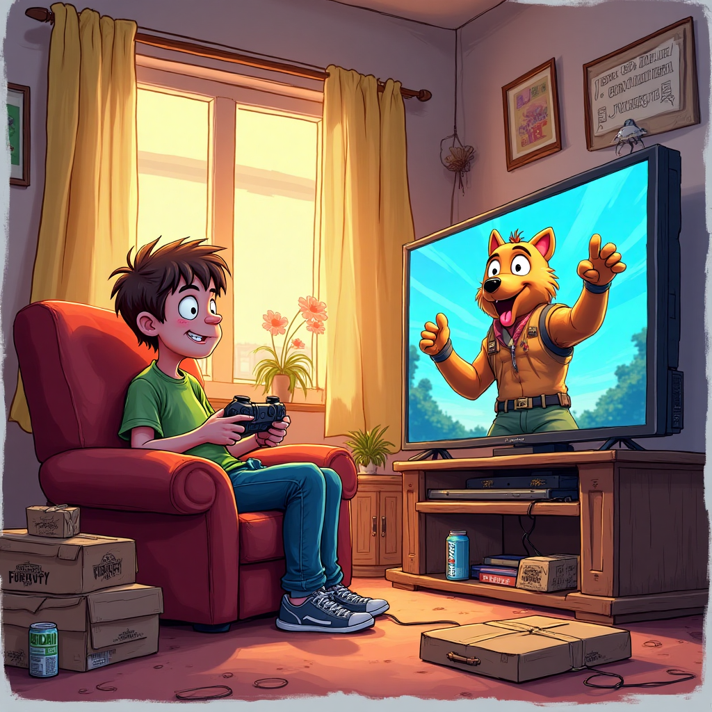 At the top of the Illustration Style image, include the text: "Happy Birthday Son"

**Image Prompt:**

In a vibrant, hand-drawn illustration style, depict a comical gaming scene set in a living room. The focus is on a teenage boy sitting on the couch, completely immersed in playing Fortnite on his PlayStation. His eyes are wide, and his tongue slightly sticks out in concentration, creating a humorous expression. Next to him, his avatar, a quirky Fortnite character, seems to pop out of the TV, as if high-fiving him for a good game.

Around the room, small, playful details add to the humor: a stack of pizza boxes, energy drink cans scattered on the floor, and a poster that reads, "Level Up: New Year, New Gear!" The warm, expressive color palette and textured brush strokes capture the lively and fun atmosphere, perfectly balancing the line between reality and virtual gaming adventure.
Generated with these themes: Playstation, Gaming , Fortnite, and .
Made with ❤️ by AI.