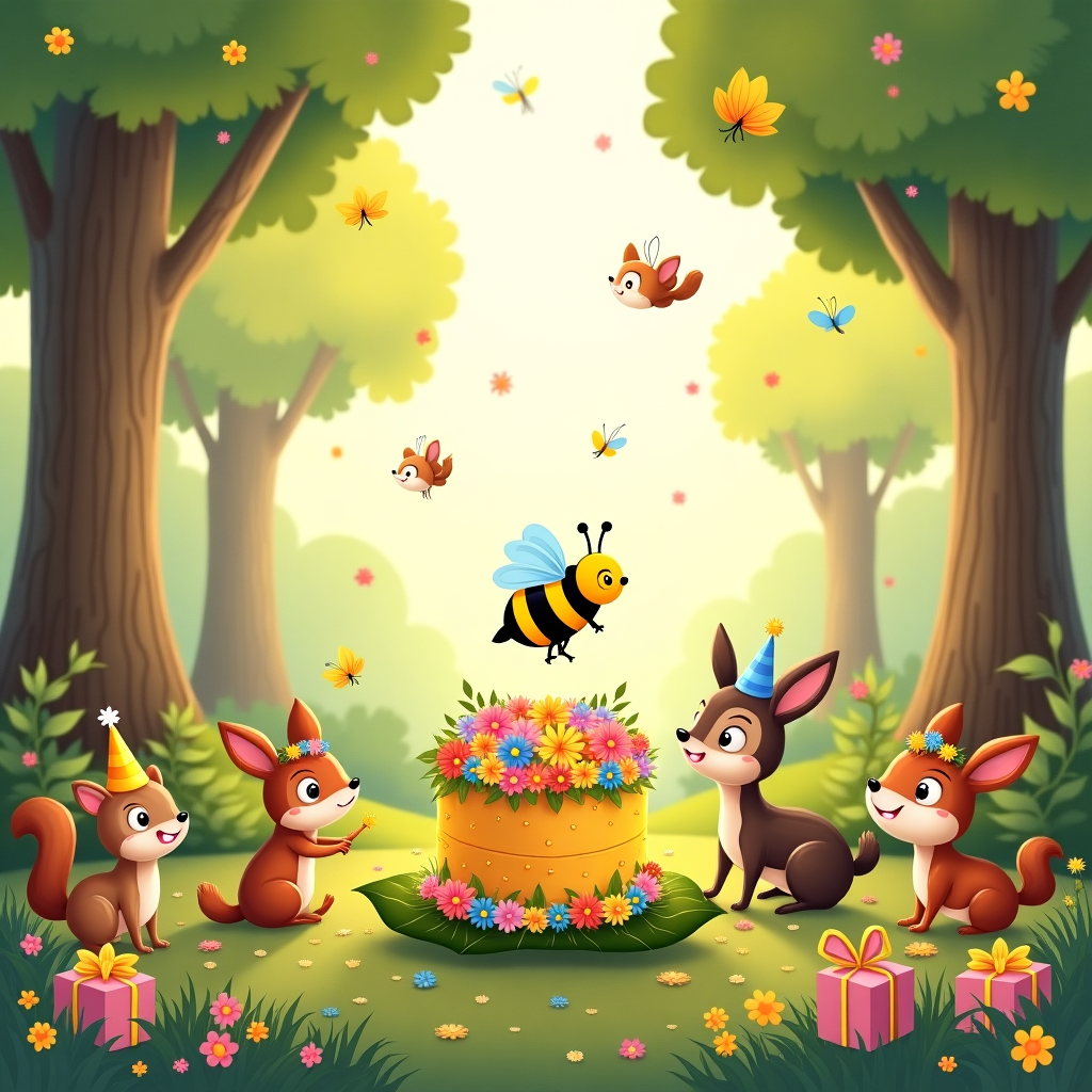 At the top of the illustration image, "Happy Bee-Day Mum — You're the Queen of Our Hive!"

Prompt:  
A charming and whimsical forest meadow in full bloom, with a soft golden sunlight filtering through tall trees. In the center, a happy bumblebee wearing a tiny flower crown buzzes around a large, colorful birthday cake made of wildflowers and honeycomb, resting on a leaf table. Around the scene, cheerful woodland animals — squirrels, hedgehogs, bunnies, and a giggling deer — gather with little party hats and nature-wrapped presents. Butterflies flutter joyfully in the air, and birds sing from flowering branches above. The entire illustration is bursting with soft pastel colors, adorable expressions, and lush greenery, capturing a sweet, lighthearted celebration of life in beautiful nature.
Generated with these themes: Beautiful Nature.
Made with ❤️ by AI.