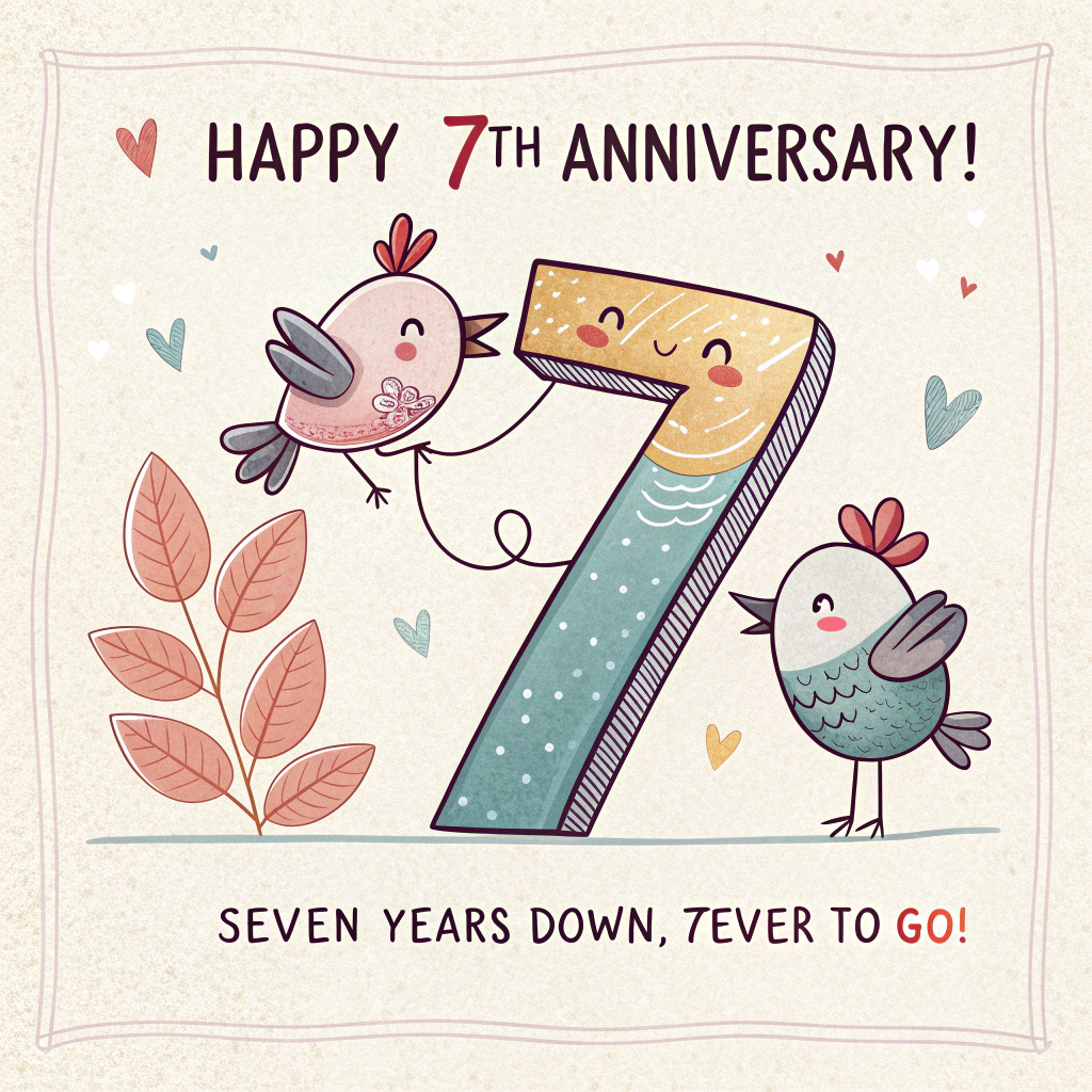 At the top of the Illustration Style image, "Happy 7th Anniversary!!"

At the bottom of the image, "Seven years down, 7ever to go!"

- In the center, feature a large, hand-drawn ribbon forming a playful number 7, with two adorable lovebirds perched on it, beaks nearly touching to suggest a tiny heart between them.
- Keep the composition balanced and text-first: the headline bold and warm at the top, the punchline small and cheeky at the bottom; the illustration is sweet and supportive, not overpowering.
- Style: fine, slightly wobbly linework; textured brush strokes with a soft watercolor wash; warm, expressive palette (blush, peach, coral, golden saffron, soft terracotta) with a gentle sage/teal accent.
- Add cute, minimal details: floating heart sprinkles, tiny sparkles, and delicate sprigs around the 7; subtle paper grain in the background.
- Lettering: hand-lettered, friendly script for the headline with a subtle shadow; the punchline in a clean, rounded sans-serif; both crisp and legible.
- Soft vignette glow around the birds and the 7 to enhance the cozy, cute mood.
Generated with these themes: .
Made with ❤️ by AI.