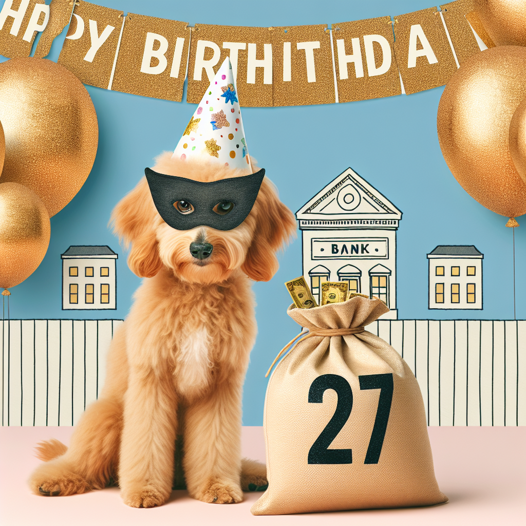 Create a playful birthday-themed illustration featuring a charming Goldendoodle being a lighthearted bank robber. The cute dog is adorned with a bandit mask and a party hat, and holds a loot bag with the number '27' displayed in glittering gold. The background includes a whimsical depiction of a bank and escape balloons, setting a scene full of fun and mischief suitable for a joyful 27th birthday celebration.
Generated with these themes: Goldendoodle  , Bank heist, and 27.
Made with ❤️ by AI.