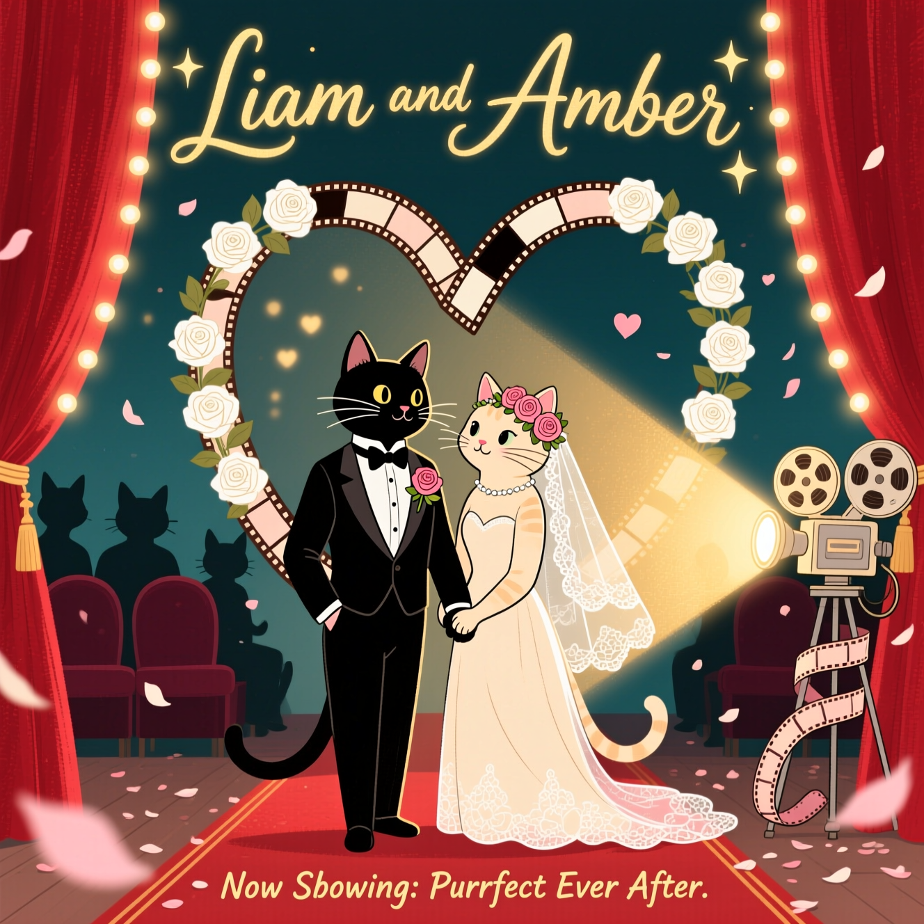 At the top of the Illustration Style image, “Liam and Amber” hand-lettered like a classic movie title in soft gold ink with a gentle glow and subtle star accents.

Romantic, hand-drawn illustration with fine linework and textured brush strokes: a vintage cinema transformed into a wedding scene. Center stage, two elegant cats stand paw-in-paw beneath an arch woven from looping film strips and white roses that form a soft heart shape. The groom is a tuxedo cat in a neat bow tie with a tiny rose boutonnière; the bride is a cream cat with a delicate lace veil and a blush-rose flower crown, their whiskers and fur detailed with fine ink lines. Red velvet curtains, edged with tiny marquee bulbs, frame the composition symmetrically while a warm projector beam spills golden light across the couple, creating heart-shaped bokeh in the air. A classic reel-to-reel projector glows at one side; curled film ribbons and petal confetti drift along a plush red “premiere” carpet. Subtle silhouettes of seated cat guests fade into the background, keeping the focus on the couple. Color palette: blush, champagne, soft gold, ivory, rose, and deep velvet burgundy with hints of midnight teal. Balanced composition, gentle paper grain texture, soft vignette, and expressive, warm highlights for an intimate, cinematic mood.

At the bottom in a small, playful line of text: “Now Showing: Purrfect Ever After.”
Generated with these themes: Cats, Movies , and .
Made with ❤️ by AI.