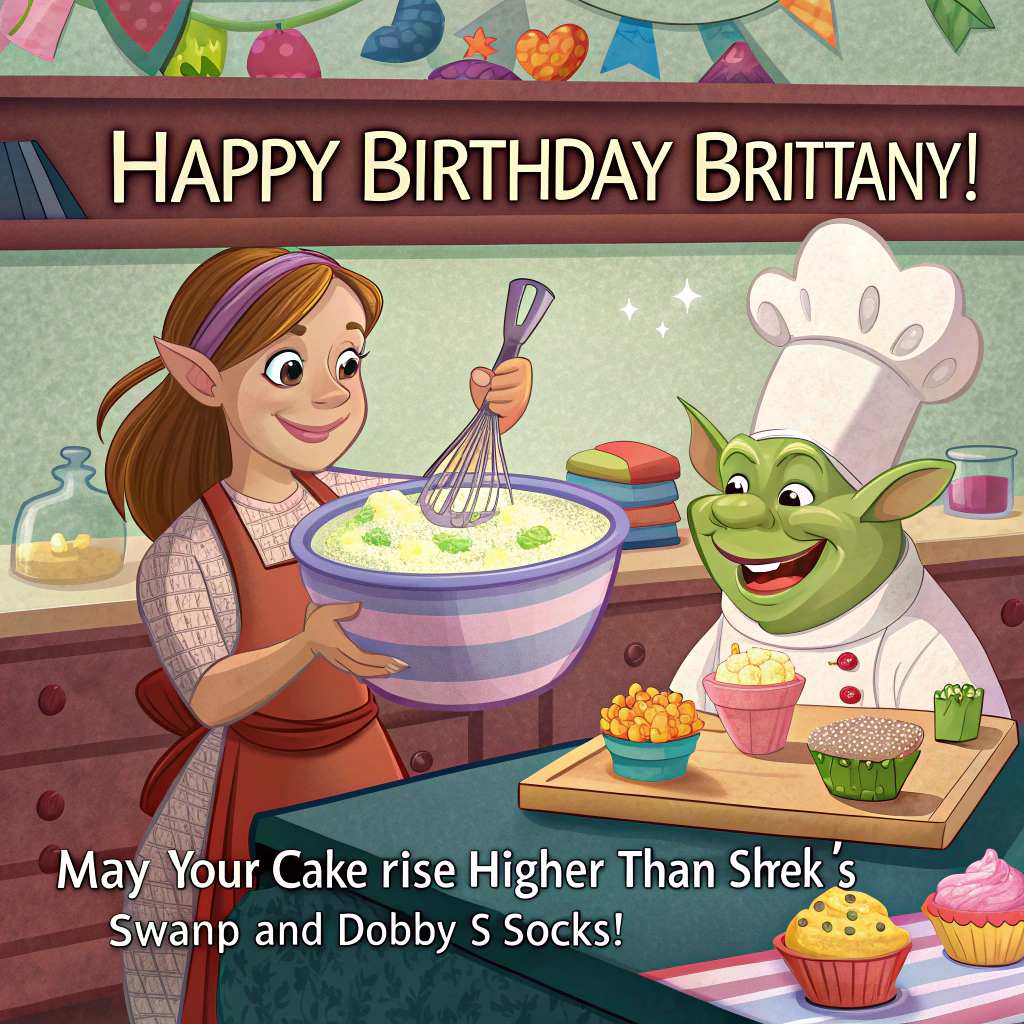 At the top of the image, "Happy Birthday Brittany!":

At the bottom of the image, "May your cake rise higher than Shrek's swamp and Dobby's socks!"

- Create a whimsical cartoon scene featuring Fiona from Shrek and Dobby the House Elf in a lively kitchen setting. 
- Fiona is stirring a giant bowl of batter with a comically oversized spoon, while Dobby balances on a stack of cookbooks, wearing a chef's hat and holding a tray of cupcakes topped with colorful, magical sprinkles.
- Both characters are smiling and laughing, surrounded by flying flour, scattered eggshells, and a couple of mischievous kitchen mice peeking out from behind a bag of sugar. 
- The kitchen is bright and bustling, with a playful and chaotic atmosphere that adds to the hilarity.
Generated with these themes: Fiona from shrek, dobby the house elf, baking, and .
Made with ❤️ by AI.