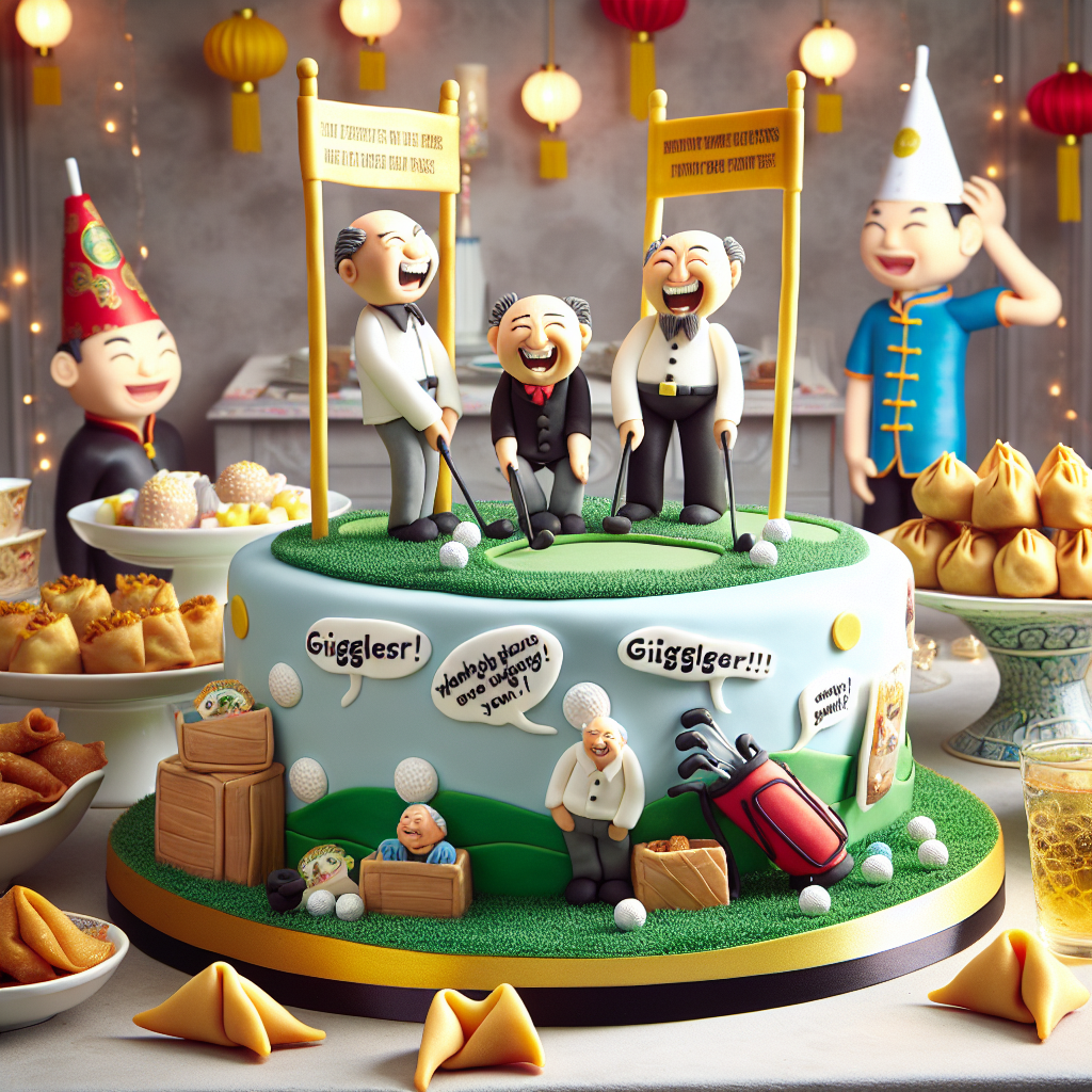 A whimsical birthday celebration scene. The unique twist? An amusing centerpiece: a specially designed cake with edible figures engaged in a game of golf. The golf flagsticks are topped with wittily crafted fondant that giggles and jiggles with every burst of laughter. These details add a light-hearted charm to the party. Surrounding this centerpiece are plates filled with delicious Chinese cuisine like savory dumplings and spring rolls. Also included, are playful fortune cookies that whimsically hint at future years. Guests add to the cheerful spirit by donning distinctive hats designed to mimic dim sum baskets. This scene perfectly combines humor and celebration.
Generated with these themes: Boobs, Golf, and Chinese food .
Made with ❤️ by AI.