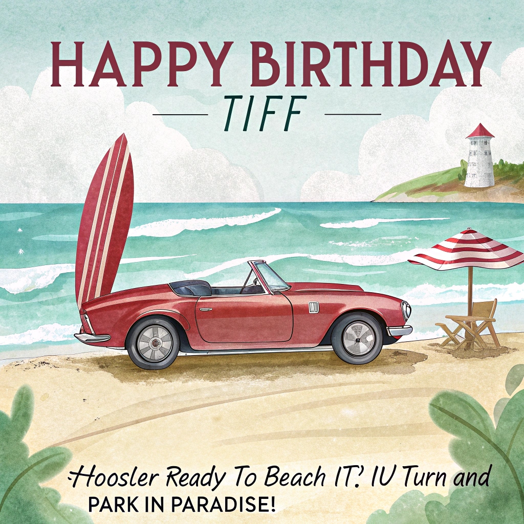 IU Hoosiers, beach vacation, her car, and Birthday Card