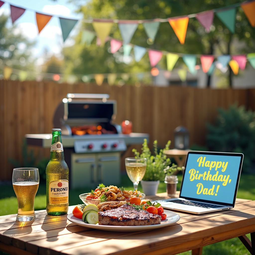 In a cozy backyard, the atmosphere is lively and festive, adorned with a wooden fence and decorated with twinkling string lights and colorful bunting banners gently swaying in the breeze. At the heart of the scene is a modern stainless steel BBQ grill, positioned center-left, where sizzling steaks, burgers, and skewers of vibrant vegetables release thin tendrils of savory smoke into the air. To the right of the grill sits a rustic wooden picnic table, set with a plate stacked high with freshly grilled meats and vegetables, accompanied by a tall, elegant glass of Pinot Grigio filled with pale golden liquid that catches the sunlight beautifully. Nearby lies an open bottle of Peroni beer, its condensation dripping down the side, giving a refreshing appeal.

On the far right side of the table, an open laptop draws attention with its cheerful display of a vibrant "Happy Birthday, Dad!" message, perfectly complementing the festive ambiance. Overhead, the sky is painted in a clear blue with a few fluffy white clouds, while a large, colorful birthday banner stretches across the scene, proudly displaying the same heartfelt message. 

This delightful gathering captures the spirit of celebration and joy, making it a memorable occasion filled with good food, laughter, and love. 

Generated with these themes: BBQ, Pinot Grigio white wine, Italian beer, and Computer.  
Made with ❤️ by AI.
