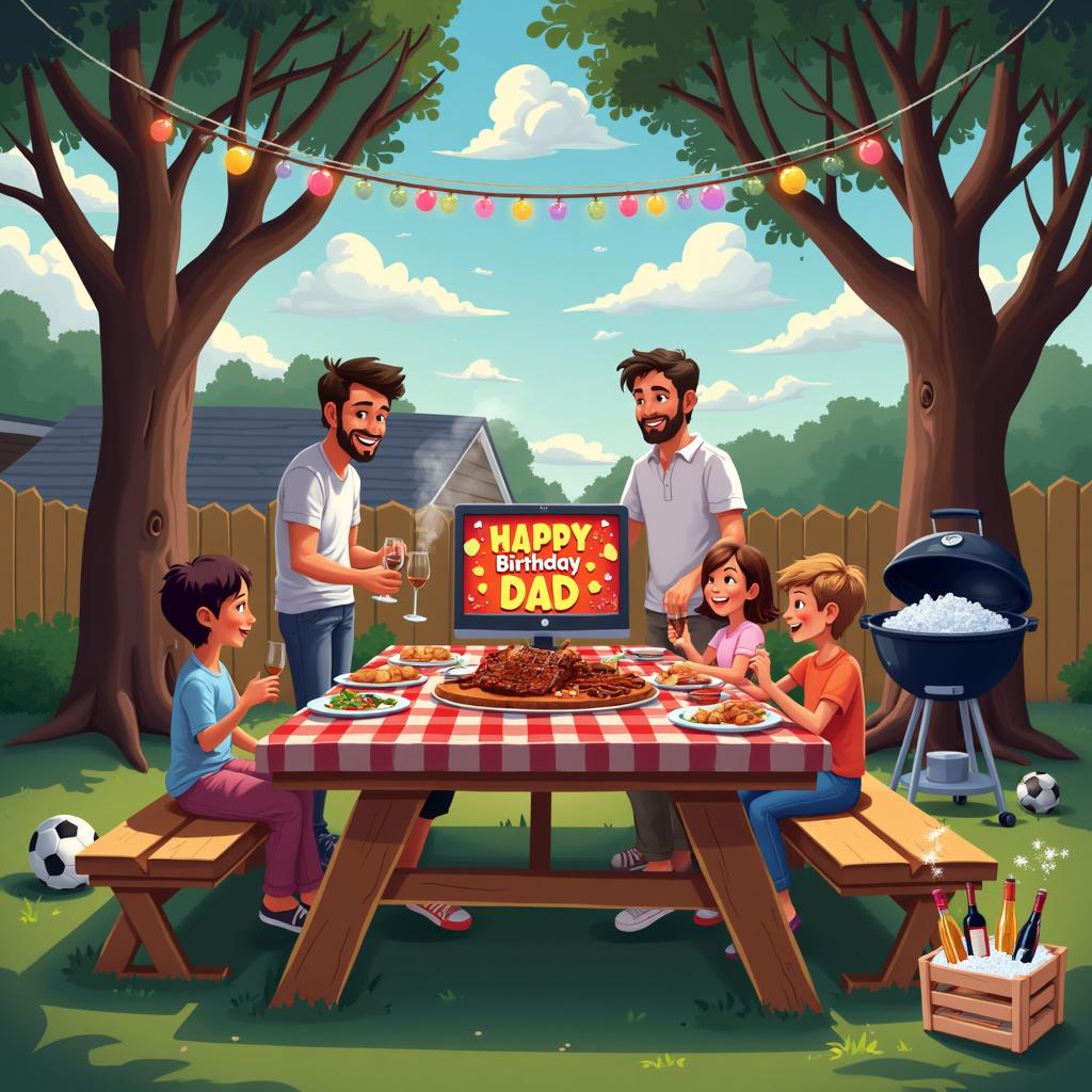 In the backyard of a cozy suburban home, a large wooden picnic table is beautifully adorned with a red-checkered tablecloth. At one end of the table, a computer displays a cheerful screensaver that reads "Happy Birthday, Dad" in colorful, balloon-shaped letters. Family members gather around, their warm smiles reflecting the laughter and engaging conversations that fill the air. The centerpiece is a platter of sizzling BBQ ribs and sausages, releasing a mouthwatering aroma. Surrounding this delicious main dish are bowls of mixed salads, a plate of grilled vegetables, and a basket overflowing with freshly baked bread rolls. To the side, a wooden crate filled with ice holds an assortment of chilled Pinot Grigio white wine and Italian beer, ready to complement the meal. Above, a strand of fairy lights hangs delicately between two oak trees, creating a charming canopy over the festivities. Fluffy clouds in the sky seem to form the letters 'DAD', adding a whimsical touch to the celebration. On the grass, children are engaged in a lively game of soccer, while a small birthday cake, adorned with "Happy Birthday Dad" in blue icing, sits proudly on a decorative stand near the BBQ grill. This scene captures the essence of a family celebration, perfectly blending the joys of BBQ, fine wine, and Italian beer, all underpinned by the modern connection of a computer, making this birthday occasion truly special.

Generated with these themes: BBQ, Pinot Grigio white wine, Italian beer, and Computer.  
Made with ❤️ by AI.