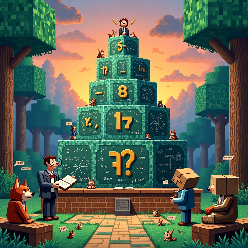 Front and center, a group of quirky characters gather around a large, intricately designed cake made to resemble a complex mathematical equation, complete with a 3D rendering of pi symbols and geometrical shapes like pyramids and cubes—perfectly aligned as if they were crafted from square Minecraft blocks. The cake's tiers are in vibrant shades of emerald green and azure blue, capturing the essence of Minecraft’s iconic grass and sky blocks. Each layer of the cake features its own miniature scene with tiny pixelated figures engaging in various math-themed tasks.

To the left, a tall, bookish figure with an exaggerated monocle and a bowtie stands poised at a podium constructed entirely of TNT blocks from Minecraft. This figure is holding an open book overflowing with algebraic equations and lively debate speech bubbles that float around him, composed of floating punctuation marks and question marks, drawn in the fluid, swirling lines reminiscent of Aubrey Beardsley’s intricate illustrations.

On the right, a character wearing a cardboard box helmet resembling a Minecraft creeper is actively engaging with a massive chalkboard, whose surface is densely covered in elegantly detailed chalk illustrations—graphs, sine waves, and factorial equations artistically sprawled, yet meticulous in its design. The chalkboard itself is balanced on cobblestone stilts, a nod to the game's environment, all set against a whimsical forest backdrop featuring towering, dreamlike trees inspired by the fantastical settings of Maurice Sendak and Arthur Rackham.

In the background, playful, illustrated debate audiences composed of woodland creatures—foxes with glasses, scholarly owls, and rabbits holding tiny notepads—sit attentively on benches carved from oversized Minecraft logs. The sky above is a sweeping sunset canvas, with gradient hues of orange and purple, creating an otherworldly twilight ambiance, nodding to Maxfield Parrish's love for luminous and vibrant skies.

Along the bottom border of the card, decorative banners flutter with complex mathematical formulas intertwined with pixelated swords and pickaxes, giving a nod to the adventure and strategy theme of Minecraft, all detailed in the fine linework and rich textures that echo the style of Edward Gorey.

This composition encapsulates a delightful yet intricate fusion of math, Minecraft, and debate, inviting the viewer to explore every whimsical detail in a scene that is as playful as it is meticulously designed.
Generated with these themes: Maths, Minecraft, and Debate.
Made with ❤️ by AI.