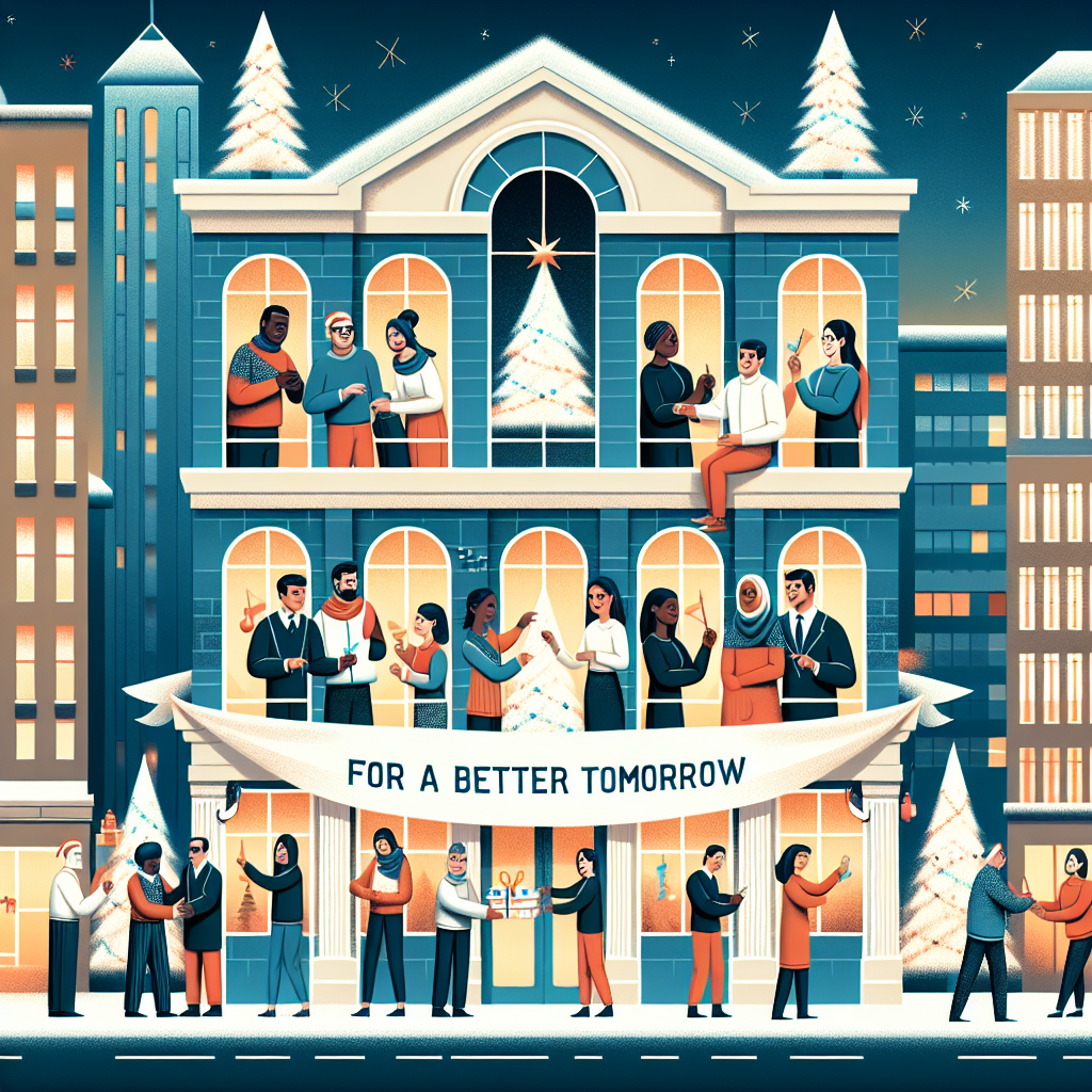 In this heartwarming Christmas-themed illustration, a group of 14 architects is depicted working harmoniously on impressive, large-scale buildings. Each window is adorned with a charming Christmas tree, infusing the scene with holiday cheer. A bold banner with the inspiring words 'For a Better Tomorrow' is draped elegantly over the entrance, symbolizing hope and ambition in the urban landscape.
Generated with these themes: team of 14 architects, large scale buildings, include christmas trees in each window and the words "for a better tomorrow" on a banner over the front door.
Made with ❤️ by AI.