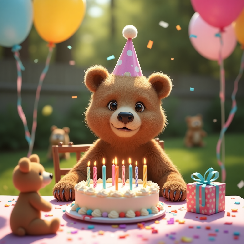 At the top of the realistic photograph image: “Have a BEARY Happy 8th Birthday, Myla!”

**Image Prompt:**  
Create a hyper-realistic photograph of a sweet young girl bear sitting at a decorated birthday table in the backyard. She’s got a party hat slightly askew, frosting on her snout, and a look of mischievous pride. In front of her is a slightly lopsided birthday cake with 8 colorful candles, some mid-melt, as if someone already tried to blow them out early (naughty bear!). Party balloons are tied to nearby chairs, and there's a scattering of bear-sized gift-wrapped presents. One of the gifts is suspiciously half-unwrapped with teeth marks in it. Include tiny forest animals peeking in curiously from the background like they're crashing the party. Bright daylight and confetti falling in the air adds a chaotic but joyful mood.
Generated with these themes: A sweet girl bear with a birthday cake with 8 candles.
Made with ❤️ by AI.