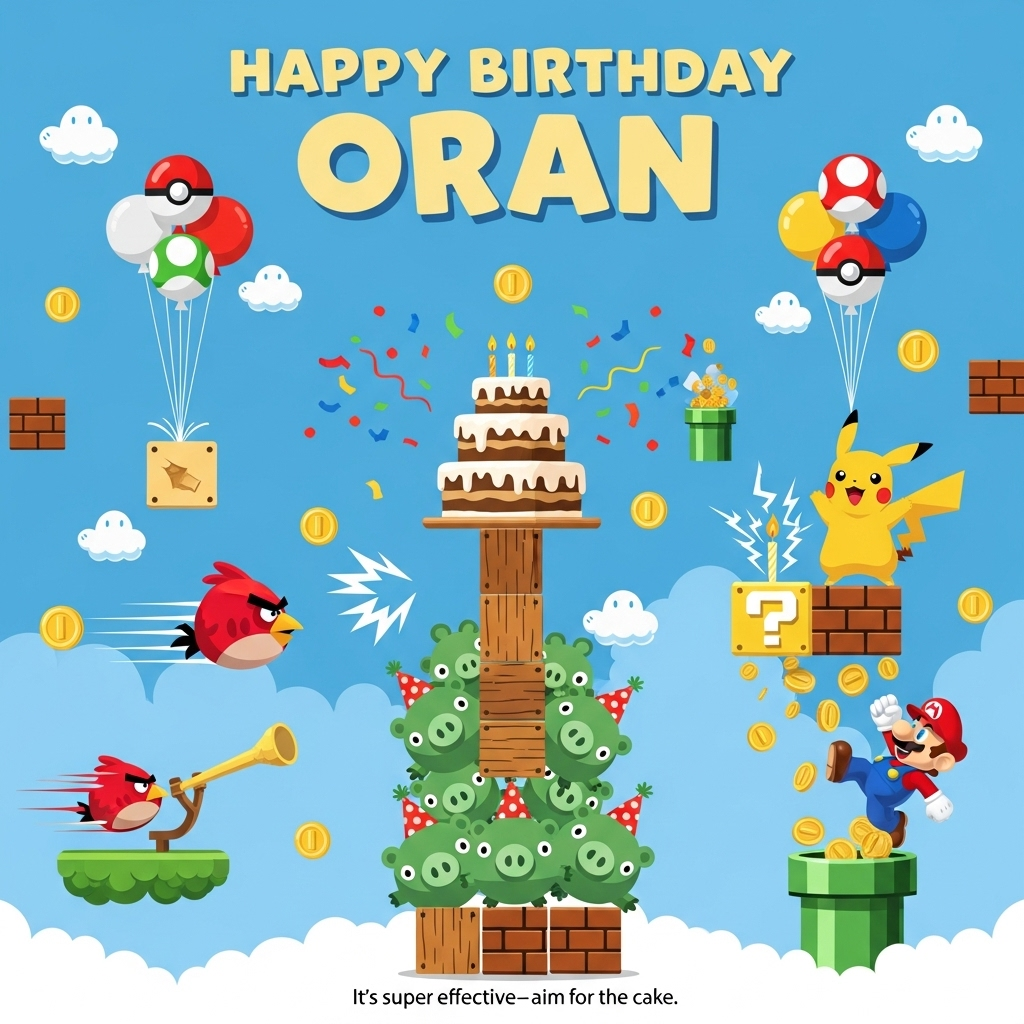 At the top of the Vector Style image, "Happy Birthday Oran" in big, bold retro-game lettering with a white outline and subtle offset shadow for crisp readability.

Clean flat-vector illustration in a bright, playful palette. Central scene: a chaotic-fun birthday mash-up where worlds collide. A towering birthday cake teeters atop a stack of Mario-style bricks and Angry Birds wooden blocks while a squad of grinning green piggies in party hats nervously balances it. From the left, the Red Angry Bird launches from a slingshot, arcing across the sky with chunky vector speed lines toward the piggy-cake tower. On the right, Pikachu stands on a brick platform, cheeks sparking, sending a neat little Thunderbolt to light the cake candles. Mario leaps from a green warp pipe beneath a floating question block that pops open into showering coins and confetti.

Background: flat sky-blue with simple fluffy clouds, floating platforms, gold coins, and balloon clusters shaped like Poké Balls and Super Mushrooms drifting upward. Add bright vector confetti and starbursts around the action. Composition is bold and uncluttered with a clear focal triangle pointing to the cake.

Style notes:
- Crisp bezier curves, thick uniform outlines, solid color fills, minimal or no gradients, no textures.
- High contrast primaries (Mario red, Pikachu yellow, Angry Bird red, piggy green, sky blue).
- Simple flat shadows as single darker shapes for depth, modern graphic-design precision.

At the bottom in small playful lettering, add: "It’s super effective—aim for the cake!"
Generated with these themes: Nintendo, angry birds, Pokemon, and .
Made with ❤️ by AI.