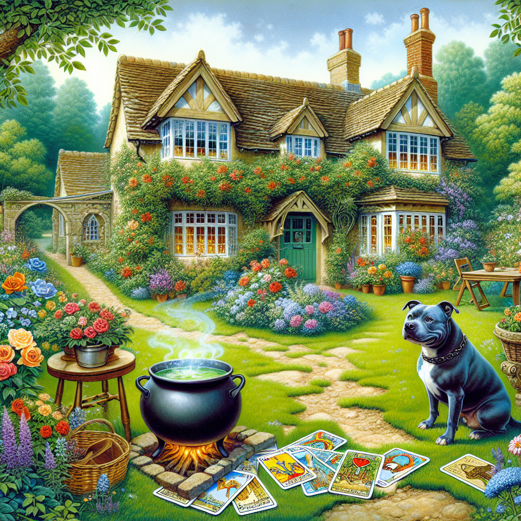 Depict an English country cottage nestled in a verdant cottage garden, radiating a warm and welcoming ambiance. The cottage is the central piece of a birthday-themed illustration. Nearby, a cauldron bubbles mysteriously beside a vibrant bed of garden flowers. Tarot cards are scattered nearby, imbuing the scene with a sense of hidden secrets and birthday wishes waiting to be revealed. A serene blue Staffordshire bull terrier stands idle, observantly guarding the scene. The garden, devoid of any human presence, pulsates with a sense of love, simplicity, and magical solitude, creating an atmosphere of birthday joy and celebratory wonder.
Generated with these themes: No people, Beautiful cottage garden, Magical, Cosy, Cauldron , Tarot cards, Blue Staffordshire bull terrier, Flowers, English country cottage, and Love.
Made with ❤️ by AI.