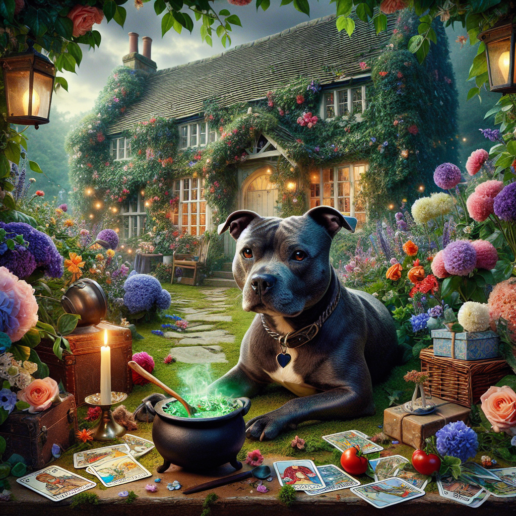 Visualise an enchanting birthday tableau set within the lush gardens of a picturesque English country cottage covered in ivy and surrounded by a vibrant medley of blooming flowers. Adding to the rustic charm, a lovable blue Staffordshire bull terrier relaxes amidst the flora, curiously observing a gently simmering cauldron bathed in an alluring soft light. Interspersed around the scene are mysterious tarot cards, contributing to the magic and wonder, subtly hinting at the hidden surprises and fortunes of the upcoming birthday celebration.
Generated with these themes: No people, Beautiful cottage garden, Magical, Cosy, Cauldron , Tarot cards, Blue Staffordshire bull terrier, Flowers, English country cottage, and Love.
Made with ❤️ by AI.