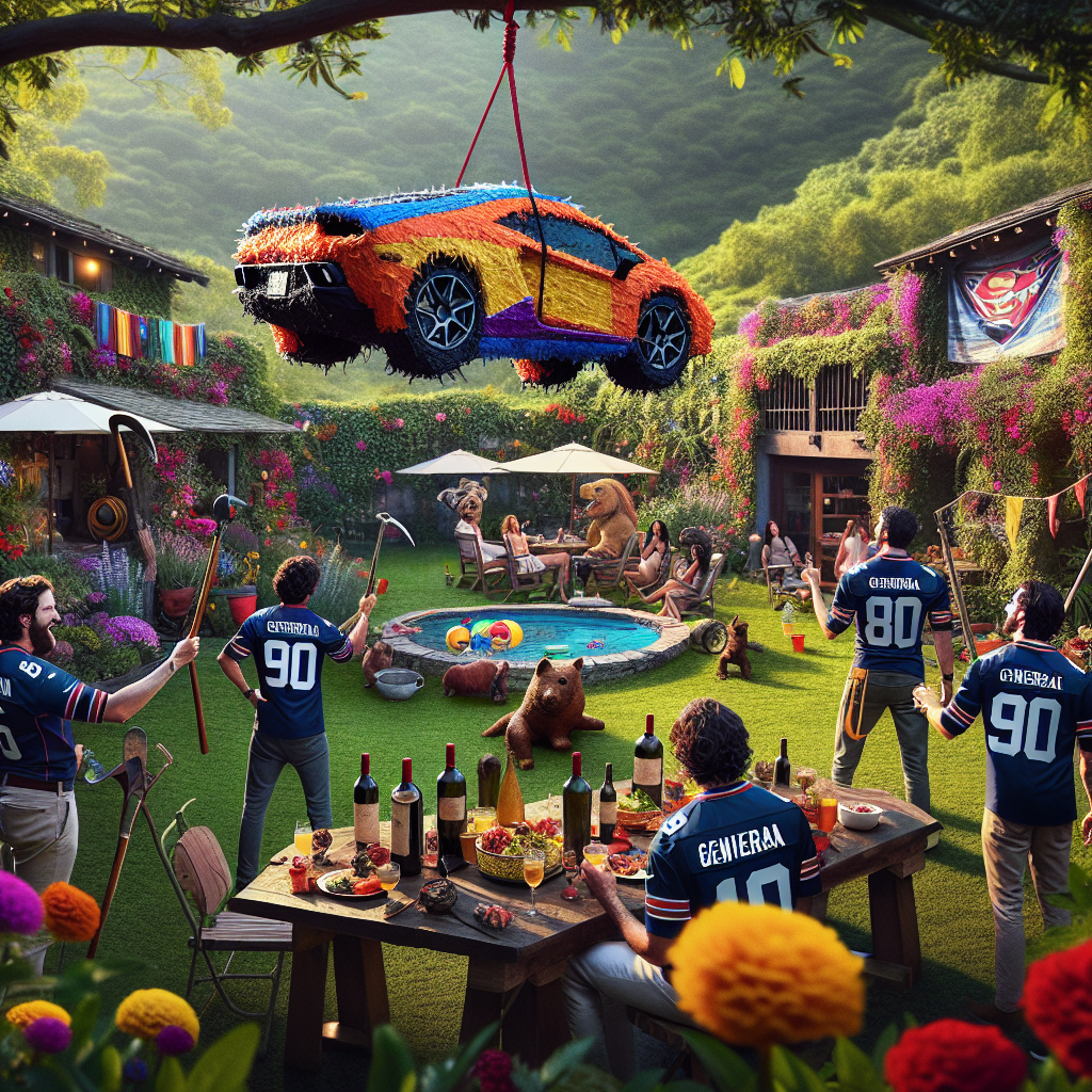 Imagine a scenically lush backyard filled with gardening tools and vibrant, blooming flowers that contribute to a charmingly rustic atmosphere. Dominating the scene is an eye-catching, realistic piñata shaped like a high-end sports car, hanging from a sturdy branch, teasing guests with the potential of sweet surprises. Ancient bottles of red wine are cleverly tucked away among the vegetation, serving as sophisticated birthday gifts. There's a group of people passionately engaged in convivial conversation, each flaunting generic football jerseys, their sharp, energetic repartee adding to the celebration's merriment. The setting and decor reflect a certain team's colors, subtly showing allegiance and making the festive occasion more exciting.
Generated with these themes: Porsche , Gardening , Red wine , and Tottenham football club .
Made with ❤️ by AI.