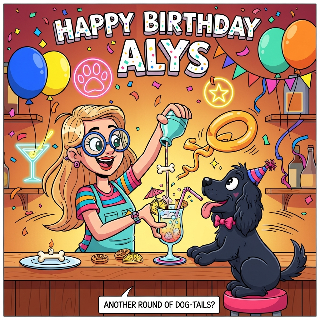 At the top of the Cartoon Style image, "Happy birthday Alys" in big, bubbly, hand-lettered letters with thick black outlines, confetti sprinkles, and a playful 3D pop.

A vibrant, funny cartoon bar scene. Center stage: an adult female university student bartender with long fair hair and round glasses, exaggerated proportions, thick outlines, and an energetic, playful pose. She’s mid-pour, dramatically arcing a glittery, over-the-top cocktail with a tiny umbrella and a bone-shaped stirrer into a tall glass. Outfit is colorful and casual (striped tee, rolled sleeves, cheerful apron), hair swishing, eyes smiling.

Opposite her on a high bar stool sits a glossy black spaniel with extra-floppy ears, big shiny eyes, and a wagging tail (motion lines). The dog wears a tiny party hat and a bow tie, paws on the counter, tongue out to a curly oversized straw dipping into the cocktail. Include a paw-shaped coaster, a couple of dog-biscuit garnishes, and sparkly fizz details for comedy.

Background: warm wooden bar, bright saturated colors, cartoony neon shapes (paw print, martini glass, star) glowing softly—no readable text. Balloons, streamers, and confetti float around for birthday energy. Add a small plate with a bone-shaped candle off to the side. Keep everything crisp with thick black outlines, flat bold shading, and punchy highlights.

Color palette: electric teal, hot pink, lemon yellow, tangerine, royal blue, and mint accents. Portrait orientation, full-bleed composition, dynamic angles, and whimsical motion lines.

At the bottom of the image, add a small cheeky caption: "Another round of dog-tails?"
Generated with these themes: .
Made with ❤️ by AI.
