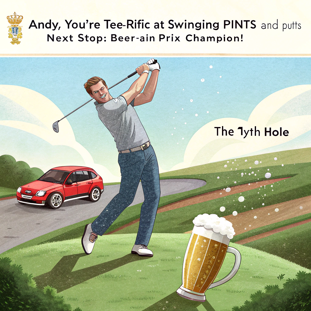 At the top of the image, "Andy, you're tee-rific at swinging pints and putts—next stop: Beer-ain Prix Champion!"

- In the cartoon image:
  - Show Andy mid-golf swing, balancing a frothy pint of beer in the other hand.
  - He's teeing off from a perfectly manicured English countryside fairway under a sunny sky.
  - In the background, a red Formula 1 car zooms by ridiculously fast, kicking up dust near a classic English pub named “The 19th Hole.”
  - Nearby, cheerful pub-goers with exaggerated rosy cheeks are cheering, one enthusiastically waving an enormous English flag.
  - A loyal pub dog is dozing in the sunshine next to a set of golf clubs that clearly includes a beer tap.
  - Everything is bright, over-the-top sunny, with little birds wearing golf visors tweeting above.
Generated with these themes: Playing golf, Drinking beer, English landscape, English Pub, Sunny weather, Waving an English flag, and Formula 1 car in the background.
Made with ❤️ by AI.