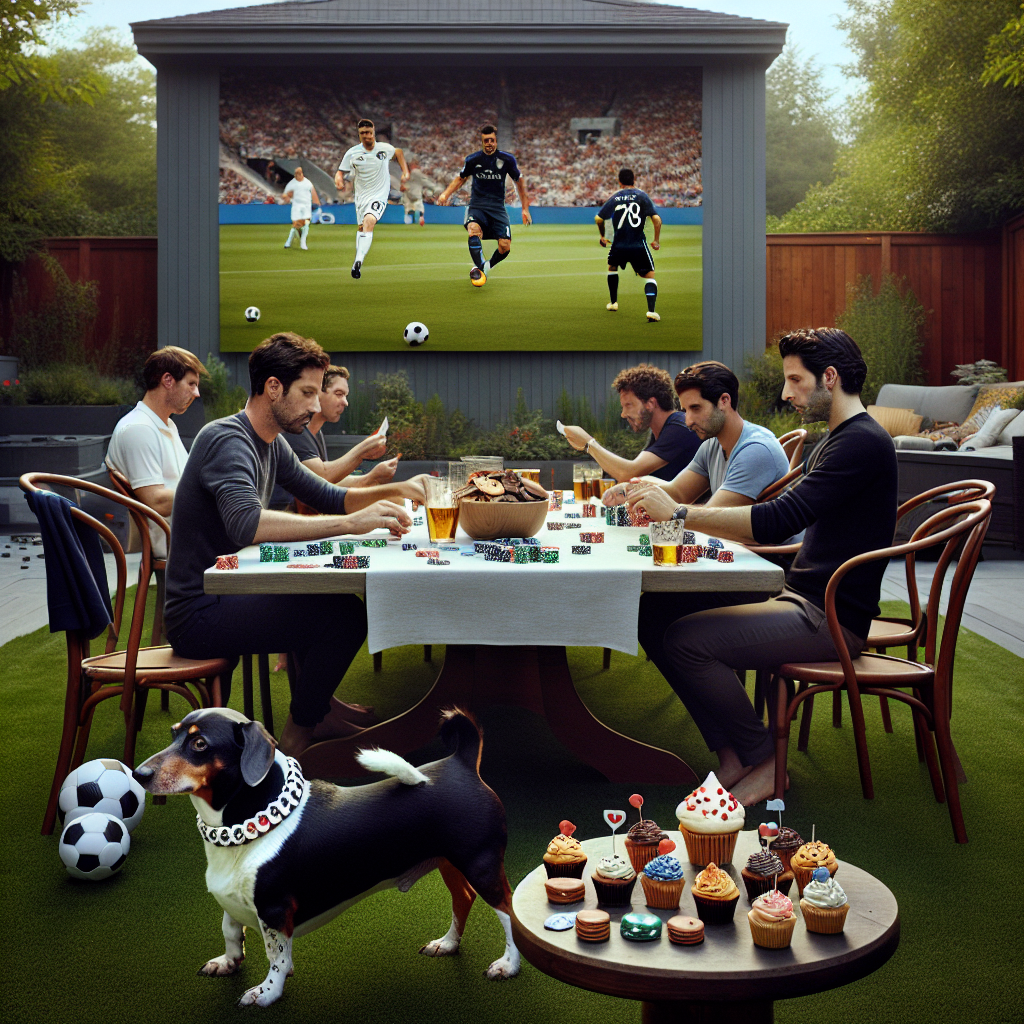 Visualize a tranquil backyard bearing a solemn and realistic birthday theme with simple yet elegant decoration. Picture the scene filled with friends in their 30s, including a range of ethnic backgrounds such as Caucasian, Black, Asian, and Hispanic individuals, all exhibiting a mix of concentration and joy as they partake in a casual poker game. A soccer match projects onto a large screen in the background, occasionally stealing the players' glances. A roaming black and tan sausage dog, adorned with a collar featuring mini soccer balls, adds charm to the scene. Notable are subtle nods to cricket, displayed via bat placeholders and ball-shaped cupcakes. The quiet ambience is punctuated by the distant sound of a cargo train, a reminder of life continuing outside this tranquil locale.
Generated with these themes: Soccer , Black and Tan sausage dog , 30, Poker, Cargo train , and Cricket .
Made with ❤️ by AI.