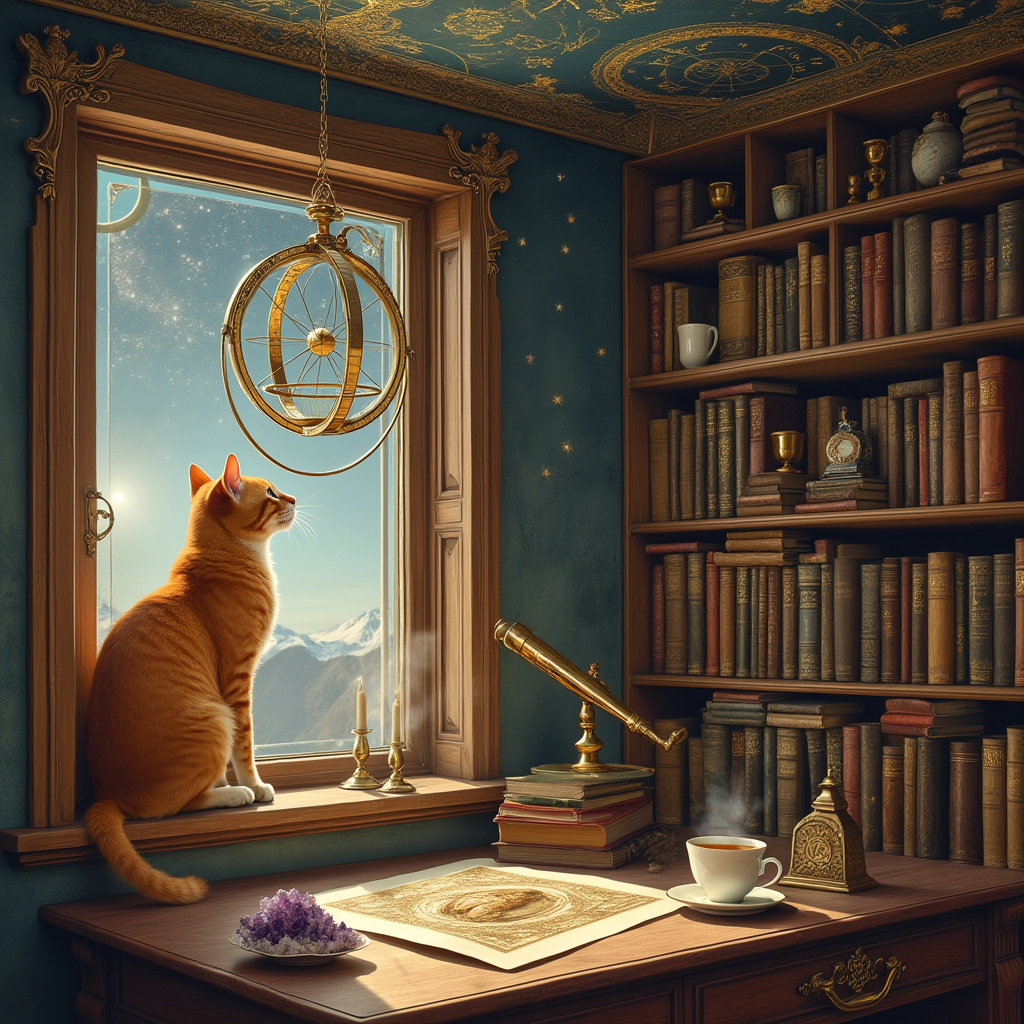 In a quaint, sun-dappled room reminiscent of a whimsical blend of Victorian and Edwardian charm, sits a ginger cat, perched gracefully atop an intricately carved wooden bookshelf. The bookshelf itself is a masterpiece, laden with astrological tomes, their spines gilded and embossed with golden constellations that shimmer in the soft glow of candlelight. Above the cat, the ceiling is painted as a celestial map, the rich blues and twinkling stars evoking a sense of cosmic wonder. The ginger cat gazes intently at a large, brass astrolabe that hangs suspended in mid-air, its rings spinning gently as if moved by some unseen celestial force. In the foreground, an antique wooden desk is cluttered with astrological charts, a brass telescope pointing through a window that frames a night sky filled with stars, and a small porcelain cup of steaming herbal tea sits beside a cluster of amethyst crystals. A vintage birthday card, opened, lies on the desk, depicting a medieval-style illustration of a lion under a constellation of stars, linking the cat to the zodiac sign Leo. The scene is bathed in warm hues, the interplay of shadows and light creating a tapestry of textures that invites the viewer to ponder the cosmic mysteries that connect the feline presence with the boundless universe.
Generated with these themes: ginger cat, astrology.
Made with ❤️ by AI.