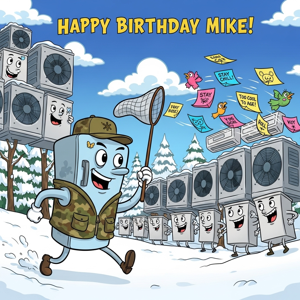 At the top of the Cartoon Style image, write in bold, bubbly letters: **"Happy Birthday Mike!"**  

A bright, wacky cartoon scene where a cheerful anthropomorphic refrigerator is wearing a camouflage hunting vest and a hunter’s cap, tiptoeing through a snowy forest made entirely of giant HVAC units. The fridge is holding a butterfly net, but instead of butterflies, it’s chasing colorful sticky notes that are fluttering through the air like birds. Some sticky notes have silly doodles and “cool” puns like “Stay chill!” and “Too cool to age!” scribbled on them. In the background, a group of giggling air-conditioning units are hiding behind trees, watching the chase. The sky is a brilliant blue with oversized, fluffy clouds shaped like snowflakes. The colors are bold and vibrant, the outlines thick, and the characters have exaggerated expressions of determination and delight.
Generated with these themes: Refrigeration, Hvac, Sticky notes, Hunting, and .
Made with ❤️ by AI.