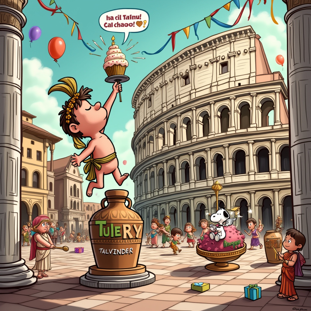 The scene is set in a bustling, whimsical Roman piazza, where a merry birthday celebration is unfolding. In the foreground, a cartoon Caesar, with a laurel wreath askew on his head, is hilariously attempting to juggle a set of ancient Roman amphorae, each painted with birthday motifs like balloons and candles, and one amphora has the words "Happy Birthday, Talvinder!" inscribed on it. Beside him, a toga-clad Snoopy-esque dog sits on a pedestal, licking a giant gelato, its drips frozen mid-air in classic slapstick style. The piazza is adorned with colorful bunting strung between columns, and one of the banners reads "Talvinder" in bold, celebratory letters, with a caricatured cupid struggling to hang it up. Behind them, Roman citizens are depicted in comic disarray—one lady is stumbling as her toga gets caught on a tiny chariot driven by a mischievous, grinning cat. In the sky above, fluffy clouds are whimsically shaped like birthday cakes and gift boxes. On one cloud, cherubs are clumsily trying to light oversized birthday candles with a Roman torch. The backdrop features the Colosseum, with party streamers cascading down its arches, and in the middle of the Colosseum, a cartoonish gladiator is blowing a trumpet, from which floats a speech bubble saying "Hail Talvinder, Birthday Gladiator!" This vibrant, zany scene is a joyous mix of Roman history and birthday festivities, rendered with a charming cartoon aesthetic.
Generated with these themes: Rome.
Made with ❤️ by AI.