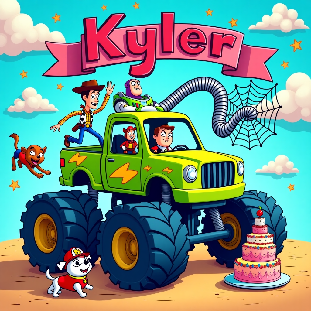 The front cover of the birthday greeting card bursts with an energetic, cartoon-style scene where colorful chaos meets delightful whimsy. The backdrop is a playful blend of bright, cartoonish clouds in pastel blues and pinks against a sky-blue setting, reminiscent of a classic Sunday comic strip.  

At the forefront, a colossal monster truck, with exaggerated oversized wheels and a vivid lime green body adorned with lightning bolt decals, commands attention. Its cartoonishly grinning front grill is reminiscent of a mischievous character from a Saturday morning cartoon. Just above the windshield, a vibrant banner flutters, spelling out "Kyler" in bold, bubblegum pink letters, each letter dotted with tiny stars.

To the left, Woody and Buzz Lightyear, rendered with exaggerated expressions and features, are perched atop the truck. Woody tips his oversized hat, while Buzz, with his exaggerated chest puffed out, looks ready to leap into action. They are playfully colored with Woody's iconic blue jeans and checkered shirt and Buzz's purple and green space suit popping against the vibrant scene.

Nearby, Slinky Dog stretches in a whimsical loop, its body forming a playful arch. The metal coils are artistically exaggerated, creating a spiral illusion with cartoonish fluidity. Its face, with wide eyes and a tongue sticking out, is humorously exaggerated in scale.

In the sky, Spidey swings across from a giant web made of thick, black cartoon lines, each thread appearing almost as if sketched by a playful hand. His red and blue suit is rendered with simplified yet bold colors that make his acrobatic pose pop against the backdrop.

On the ground, a playful Paw Patrol scene unfolds. The pups, illustrated with larger-than-life eyes and expressive gestures, are in the midst of preparing a festive birthday cake. The cake, towering with layers of exaggerated size, is decked with colorful sprinkles and a cherry on top. A small, white puppy with a firefighter hat is frosting the cake with a comically oversized spatula.

In the corners of the scene, subtle nods to classic comic styles are tucked away: think Osamu Tezuka's bold lines, the detailed intricacies of Winsor McCay's dreamscapes, and the playful distortion found in Bill Watterson’s work. The overall effect is a harmonious blend of whimsical nostalgia and vibrant modernity, perfectly capturing the spirit of a joyful, playful birthday celebration.
Generated with these themes: Monster truck, woody, buzz, slinky dog, spidey,paw patrol,.
Made with ❤️ by AI.