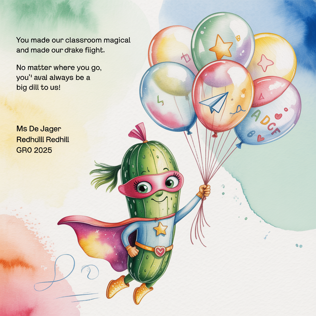 At the top of the Watercolor Style image, "You made our classroom magical and made our dreams take flight. No matter where you go, you'll always be a Big Dill to Us!  Ms De Jager Redhill Gr0 2025"

Center scene: a cute, anthropomorphic female superhero pickle mid-bounce, lifted by a bouquet of transparent helium balloons. She has bright, friendly eyes with fluttery lashes, rosy watercolor cheeks, and a playful star mask. Her cape billows in a soft crimson wash with pigment blooms, a tiny dill-sprig emblem on her belt, and sparkly lemon-yellow boots. She clutches the balloon strings as they arc upward; the balloons are crystal-clear with subtle pastel iridescence and soft reflections, some lightly filled with watercolor stars, paper-airplanes, tiny ABCs, and heart confetti.

Background: airy watercolor gradient from mint to sky-blue with delicate washes, soft edges, and natural cold-press paper texture visible. Faint, whimsical classroom doodles (stars, swirls, and tiny paper planes) drift around her, with a few floating dill fronds tying in the pun. Keep outlines minimal; embrace soft bleeds and subtle granulation.

At the bottom of the image, add a small, cheeky brush-lettered line: “Thanks a brine-illion!”

Style notes: hand-painted, playful brush lettering for all text with gentle pigment blooms; warm, cozy palette (dill green, blush pink, lavender, and sunshine yellow); lots of negative space so the headline and punch-line steal the show.
Generated with these themes: Female superhero Pickle, Holding transparent balloons, , and .
Made with ❤️ by AI.