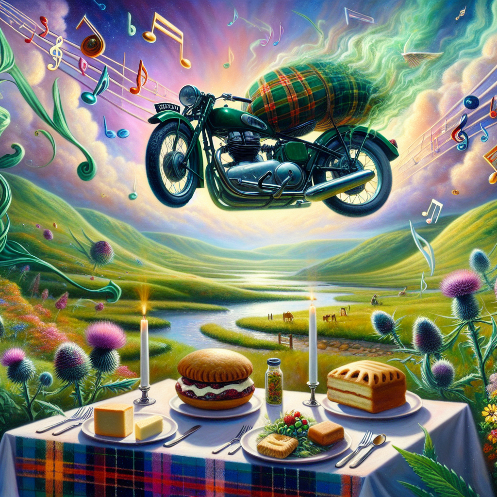 A dreamlike scene manifests on a canvas, wherein a floating road featuring a distinct tartan pattern hovers above a radiant green Scottish landscape. The road becomes the guiding path for an airborne vintage motorcycle, suspended mid-air. The atmosphere is filled with a blend of musical melodies, where classical notes and rock tunes intertwine to create a mesmerizing swirl. Nestled beneath this symphony is a sumptuous banquet table bedecked with traditional Scottish delicacies such as haggis and shortbread. It is also decorated with more fanciful foods imbued with a sense of whimsy, suggesting they may be cannabis-infused. The sky is ablaze with singing thistles and wildflowers which become part of this musical symphony, creating the aura of a magical birthday celebration.
Generated with these themes: Motorcycle, Music, Scotland , Food, and Weed.
Made with ❤️ by AI.