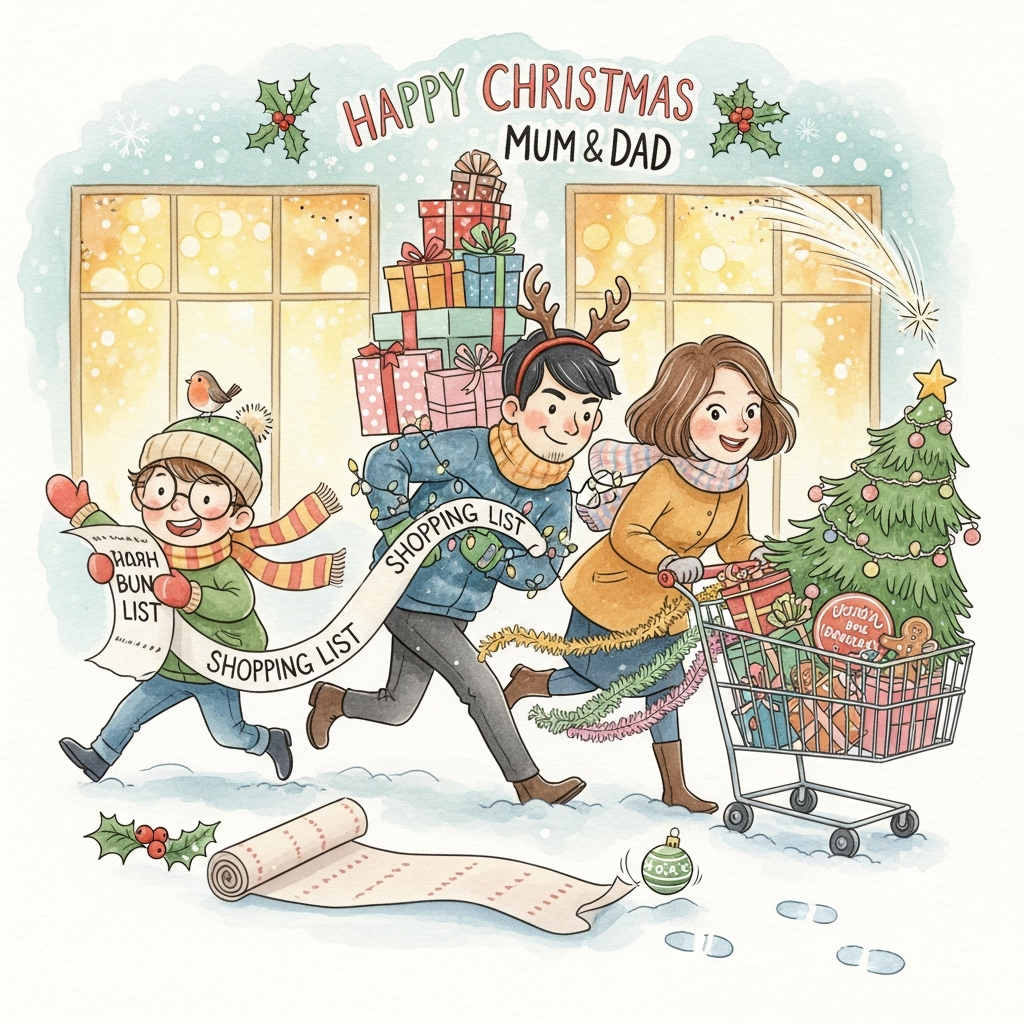 At the top of the Watercolor Style image, Happy Christmas Mum and Dad

Funny, cozy watercolor scene of Christmas shopping chaos: a cheerful trio hustling down a festive high street in soft snowfall. Center them large and lively:
- Boy with brown hair and glasses, grinning, leading the charge while clutching an absurdly long, curly shopping list that unspools behind him; a tiny robin perches on his bobble hat. He wears a bright scarf and mittens, cheeks rosy.
- Man with black hair, slightly frazzled but smiling, wobbling under a teetering tower of gift boxes tied with ribbons; a string of fairy lights is hilariously tangled around his arms and elbows; a reindeer-antler headband is askew on his head, his dark hair clearly visible.
- Woman with shoulder-length brown hair, warm and determined, steering a trolley overflowing with baubles, gingerbread tins, and an oversized Christmas tree that comically pokes out the front; tinsel trails in their wake like a sparkling comet tail.

Style and mood:
- Soft watercolor washes, delicate gradients, subtle pigment blooms, and visible cold-press paper texture; airy, organic, and gently humorous.
- Wet-on-wet sky in cool teal-to-snowy white; warm golden window glows behind them with bokeh fairy lights; loose splatter for snowflakes; dry-brush accents for edges and woolly textures.
- Playful movement: wrapping paper roll unravels into a whimsical curve on the pavement; a bauble escapes and rolls ahead; footprints dapple the snowy ground.
- Cozy holiday palette: pine green, holly red, warm ochre, soft teal, blush pink, and frosty whites, with small gouache highlights on lights and snow.

Expressions and composition:
- Boy wide-eyed and excited; man comically determined; woman amused and focused.
- Portrait orientation, large central figures with generous negative space above for the title, soft vignette edges, and a light snowfall that frames them.

Typography:
- Title at the top in hand-painted watercolor brush lettering, deep holly red with gentle bleed.
- At the bottom in small, playful hand-lettered script: We sleighed the shopping list!
Generated with these themes: Christmas Shopping, and .
Made with ❤️ by AI.