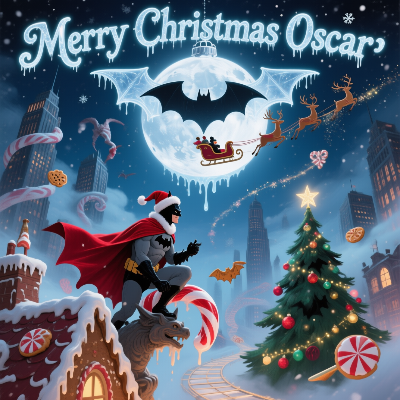 At the top of the Surreal Style image, the text "Merry Christmas Oscar" in frosted, shimmering bat-wing lettering, softly glowing like icy neon.

Dali-inspired, dreamlike Christmas night over a surreal Gotham: a colossal ornament-moon doubles as the Bat-Signal, its light melting down the sky like silver wax; gravity-bent candy-cane skyscrapers droop and swirl into spirals; rooftops morph into gingerbread ledges with dripping icing icicles. Center stage: Batman, the Dark Knight in a playful Santa cape and tiny tilted Santa hat, perched on a melting candy-cane gargoyle; his cape unfurls into a velvet red ribbon-river that loops the skyline and morphs into a sleigh track. Above, a bat-shaped sleigh (a festive twist on his ride) glides through the air, pulled by flying reindeer-bats leaving glittering stardust and snowflake-bokeh trails. Bat-shaped cookies and peppermint batarangs twirl through the snowfall; a Christmas tree forms itself from shadow into a bat silhouette, studded with glowing baubles like tiny bat-signals. Ethereal lighting, soft chiaroscuro, misty breath clouds, painterly textures, and buttery pastel highlights; palette of midnight blue, silver moonlight, cranberry red, pine green, and warm gold glints. Full-bleed composition, whimsical and funny, with melting forms, impossible architecture, and a cozy, magical glow.

At the bottom, a small cheeky caption: "Sleigh the Knight."
Generated with these themes: Batman, and .
Made with ❤️ by AI.