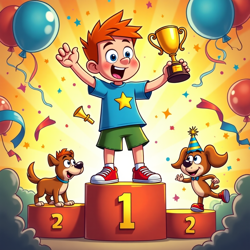 At the top of the Cartoon Style image, "Congrats, Austin!"

Big, playful cartoon scene in bright, saturated colors with thick outlines and energetic, whimsical motion. Center stage: a ginger-haired boy with freckles, oversized head and expressive eyes, in a bold blue T-shirt with a gold star, red sneakers, and green shorts—fully clothed and wholesome. He’s on a shiny #1 podium, doing an exaggerated celebratory wiggle dance while holding a gleaming trophy high. Comedic motion swooshes and tiny starbursts/zigzag “itch lines” near his back pocket suggest an itchy bum in a silly, non-suggestive way; one hand awkwardly hovering behind as he fidgets. Confetti cannons pop, balloons float, streamers curl, and a little party-hat-wearing dog jumps beside him cheering. Sunny burst background with candy-color gradients and sparkles. Keep the vibe slapstick-funny and triumphant.

At the bottom of the Cartoon Style image, small playful caption: "Itching to celebrate!"
Generated with these themes: Ginger boy with an itchy bum, and .
Made with ❤️ by AI.