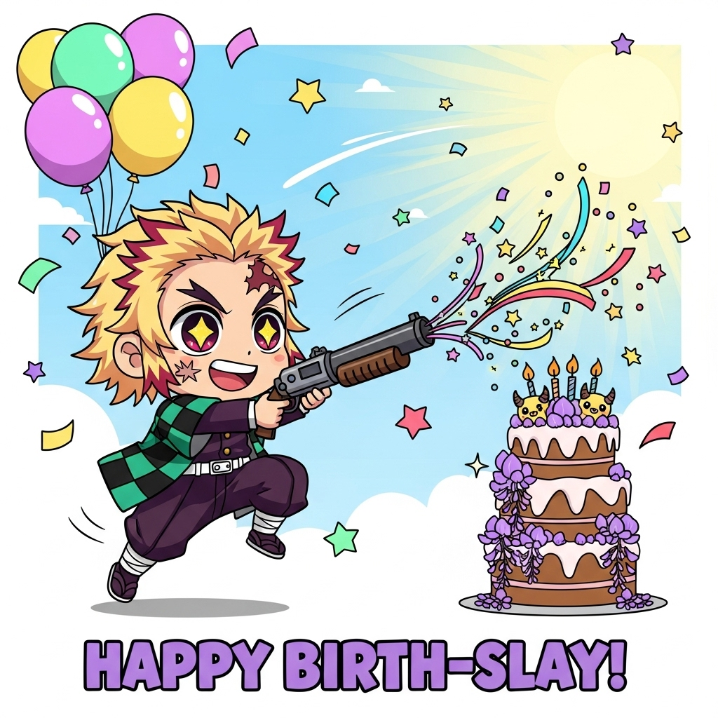 Cute chibi cartoon of Genya (from Demon Slayer) with exaggerated proportions (big head, big sparkling eyes, tiny body), thick black outlines, and bright saturated colors. He’s mid-leap in an energetic, playful pose, grinning, spiky hair and a small facial scar. He fires a colorful party confetti-blaster styled like a toy version of his shotgun, bursting rainbow streamers and star confetti toward a tall birthday cake decorated with wisteria blossoms and tiny, cute “oni-horn” candles. Background: sunny candy-gradient sky with balloon clusters, floating paper stars, motion lines, and sparkles; full-bleed composition, minimal clutter. Replace any real weapons with party props; no violence or gore. Clean vector look, soft shading, glossy highlights. Palette: electric purple, candy pink, lemon yellow, sky blue, mint green. Add one short on-image caption at the bottom in chunky bubble letters, white fill with bold purple outline: “HAPPY BIRTH-SLAY!” Cute, celebratory, high-energy mood.
Generated with these themes: Demon slayer, Genya, and .
Made with ❤️ by AI.