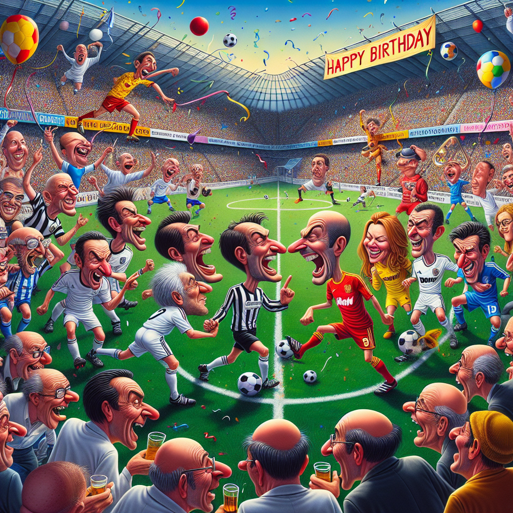 A vibrant scene unfolds at a birthday celebration. Caricatures of soccer players from two famous teams, cleverly not resembling any specific players, engage in a whimsical showdown. The packed stadium is filled with animated supporters, all displaying a myriad of emotions. The players' expressions are amusingly exaggerated, showing determination and competitiveness. Humorous action bubbles reveal light-hearted teasing and playful sporting banter. Above the action, a banner with the words 'Happy Birthday' flutters in the wind, set against a backdrop as confetti rains down, adding to the festive spirit of the match. A moment of playful sportsmanship, celebration, and levity caught in an image.
Generated with these themes: Glasgow Rangers, Queen’s Park rangers, and Versus.
Made with ❤️ by AI.