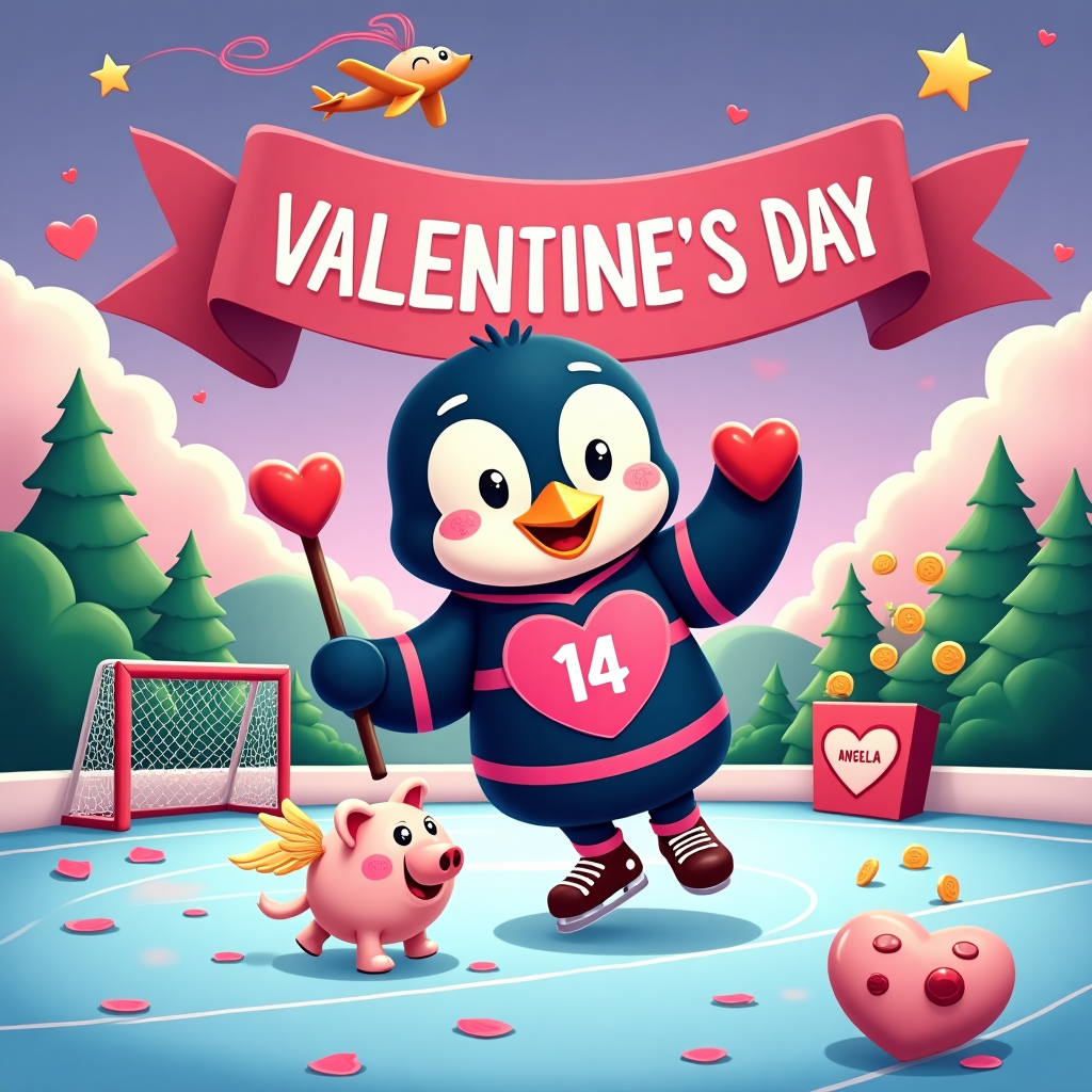 The front cover of the Valentine's Day greeting card bursts with vibrant colors and whimsical charm. Imagine a playful mash-up of ice hockey and soccer set in a fantastical charity event.

**Foreground:**
- **Center Stage**: A cartoon-style ice rink, its borders surrounded by soccer goalposts. On the rink, a larger-than-life cartoon penguin with exaggerated features skates gracefully on two feet, clutching a bright red heart-shaped hockey stick. Its enormous eyes and beaming smile captivate the viewer, evoking an aura of pure fun.
- **Penguin's Outfit**: The penguin wears a jersey striped in vibrant pink and blue, with a massive, comically oversized number "14" emblazoned across its chest.
- **Charity Icon**: A small, cartoon-style piggy bank with angel wings, complete with a smiling face and heart-shaped nostrils, glides alongside the penguin on its tiny skates.

**Background:**
- **Left Side**: A vibrant soccer field with exaggerated, bubble-like green grass and a cartoon soccer ball sporting heart-shaped patches. A chubby, cheeky cartoon puppy, standing on its hind legs, holds a smaller heart-shaped soccer ball in its front paws, wearing tiny red sneakers.
- **Right Side**: A giant, cartoon-style donation box shaped like a heart, with cartoon dollar bills sticking out. Above it, a smiling cupid cloud, gently raining down golden coins and rose petals.

**Sky and Additional Elements:**
- The sky is a rich lavender with fluffy, bubble-like clouds. A plane-shaped banner with "Angela" scrawled in bright, bold, pink letters loops through the sky, trailing tiny cartoon hearts in its wake.
- In the sky's background, cartoon stars twinkle subtly, interspersed with larger, smiling stars wearing tiny sports helmets and cheering with tiny pom-poms.

The scene is alive with energy, the exaggerated features and bold, playful elements creating an engaging, lively visual story that captures the essence of Valentine's Day with a unique twist on ice hockey, soccer, and charity.
Generated with these themes: Ice hockey , Soccer, and Charity.
Made with ❤️ by AI.