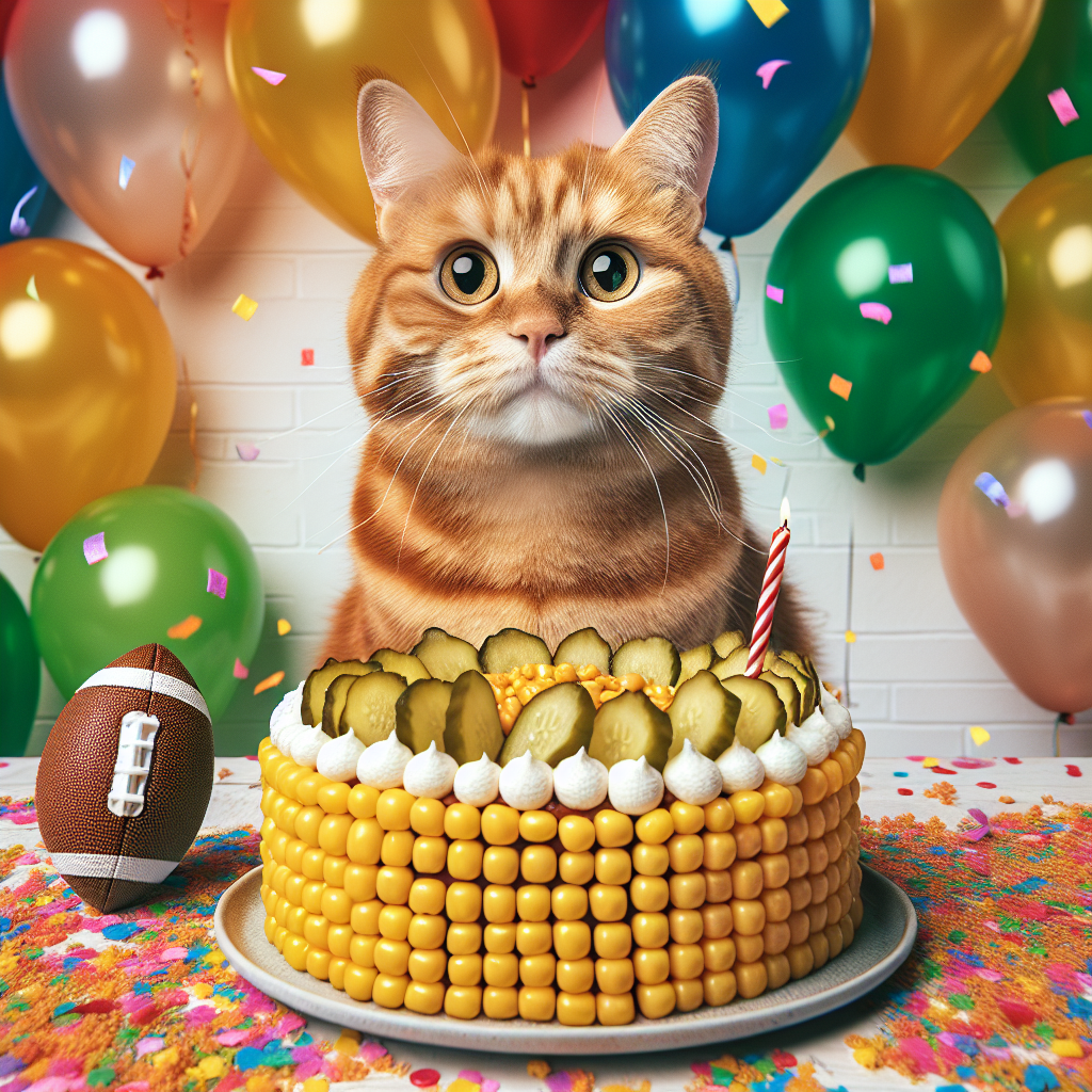 Ginger tabby cat, Sweetcorn, Gherkins, and Football Birthday Card