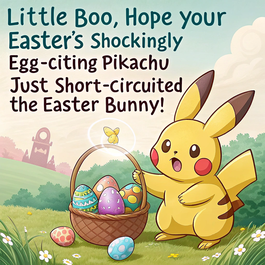 At the top of the image, "Little Boo, hope your Easter's shockingly egg-citing – Pikachu just short-circuited the Easter Bunny!"

– In the center of the image, illustrate a bright and cheeky cartoon scene of Pikachu in bunny ears, looking mischievously proud as he stands next to an overloaded basket of sparking, electrified Easter eggs—some are glowing, some lightly smoking.  
– The traditional Easter Bunny is seen in the background, dazed with its fur hilariously frizzed from static, holding a sign that says "Out-Egged!"  
– Surround the scene with blooming spring flowers, hidden Pokémon-shaped eggs peeking from behind bushes, and a sky-blue backdrop with fluffy clouds shaped like lightning bolts.  
– Bonus visual gag: A Togepi popping out of a cracked egg with sunglasses, throwing up peace signs.
Generated with these themes: Pikachu.
Made with ❤️ by AI.